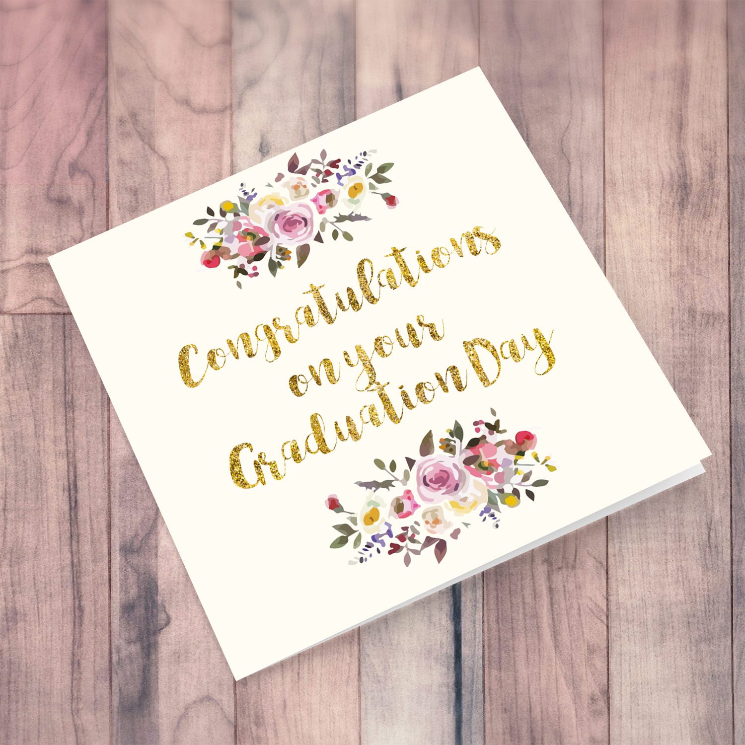 Golden glitter graduation card in English with florals