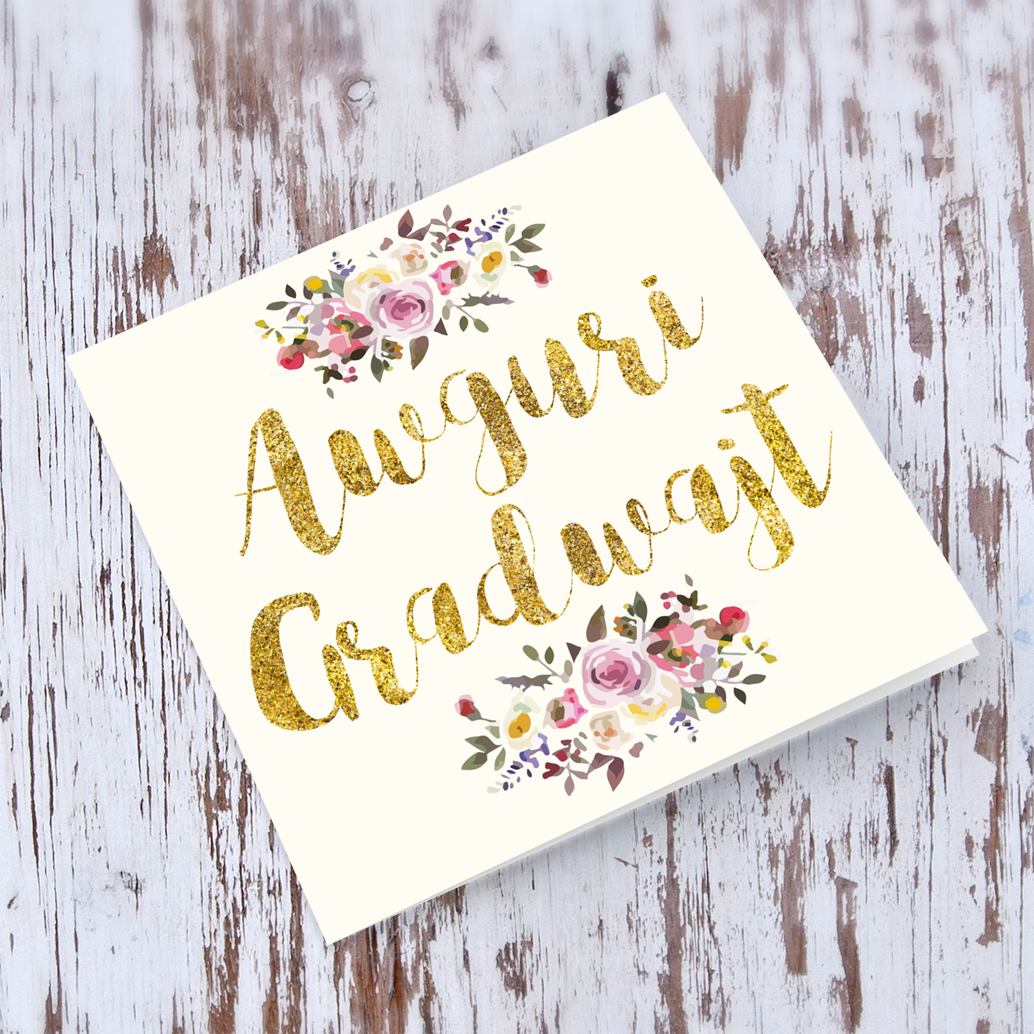 Golden glitter graduation card with florals in Maltese