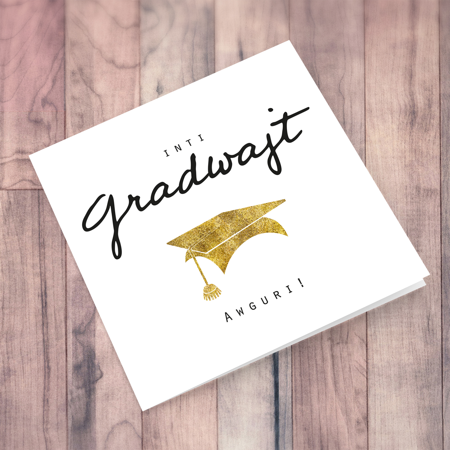 Minimalist Graduation card with golden glitter hat in Maltese (unisex)