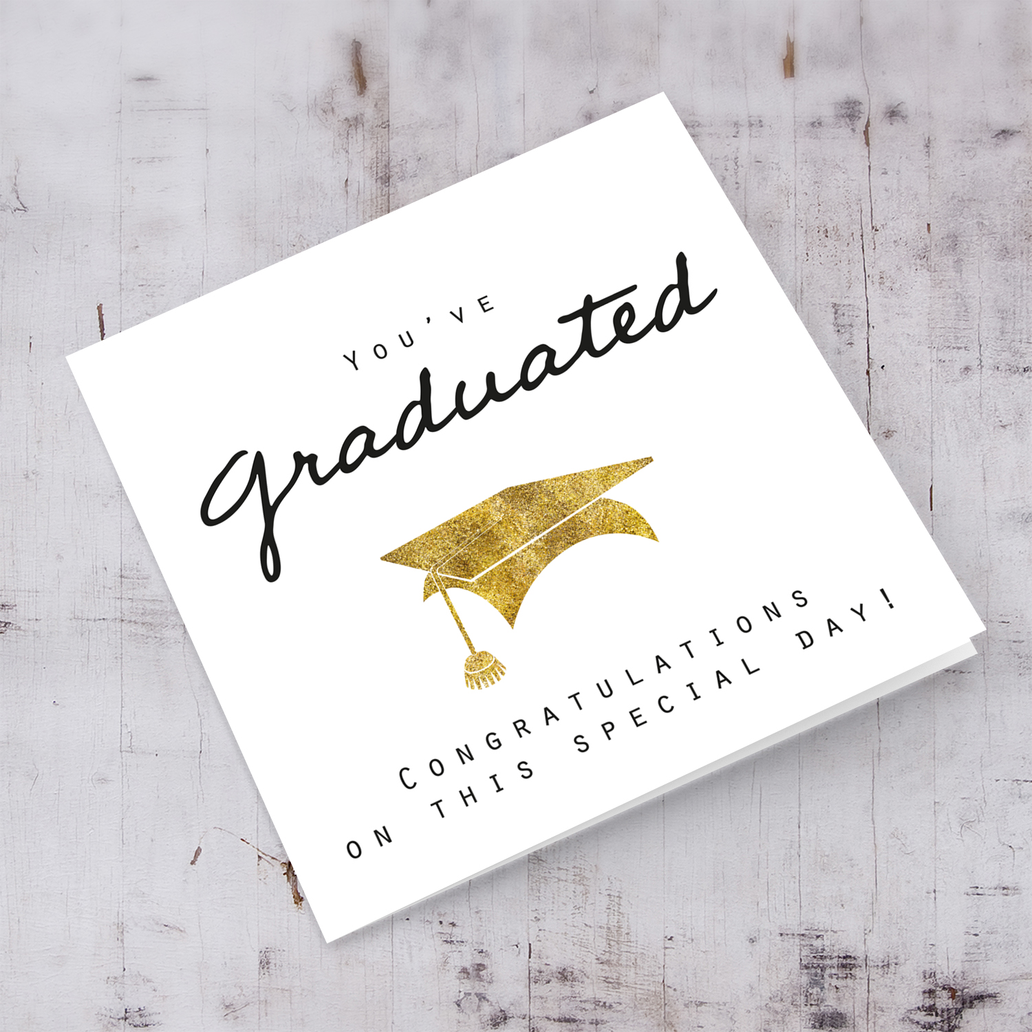 Minimalist Graduation card with golden glitter hat in English (unisex)