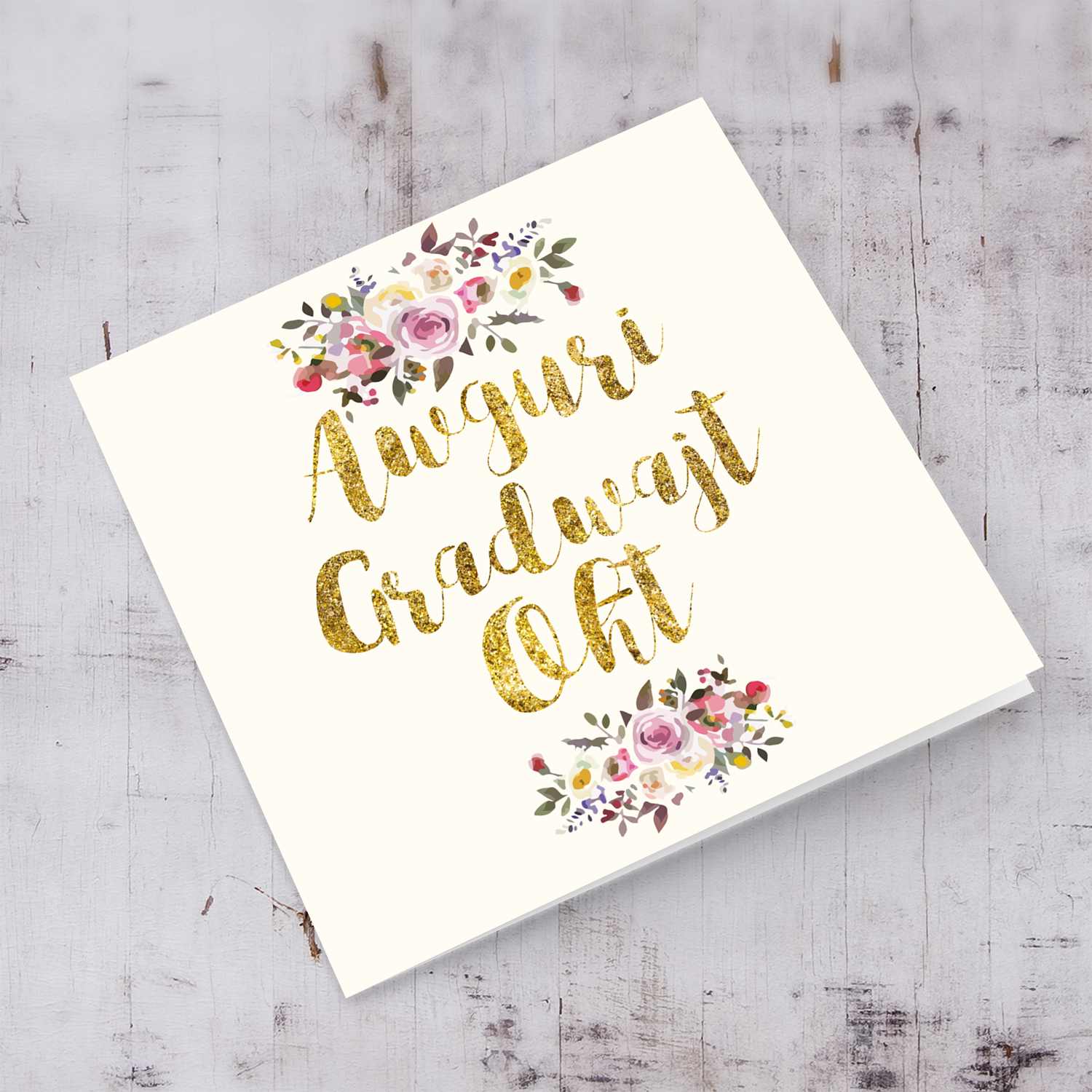 Sister graduation card with golden glitter and floral design in Maltese