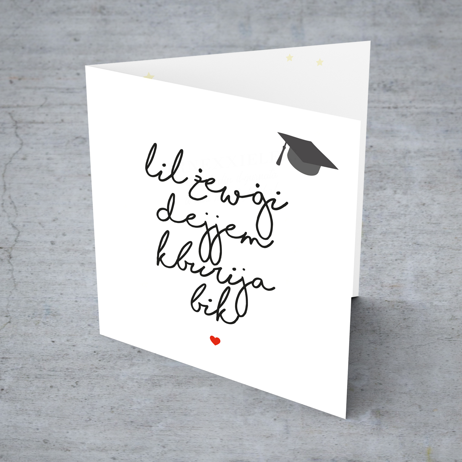 Minimalist Graduation Card with small graduation hat and red heart for HUSBAND in Maltese