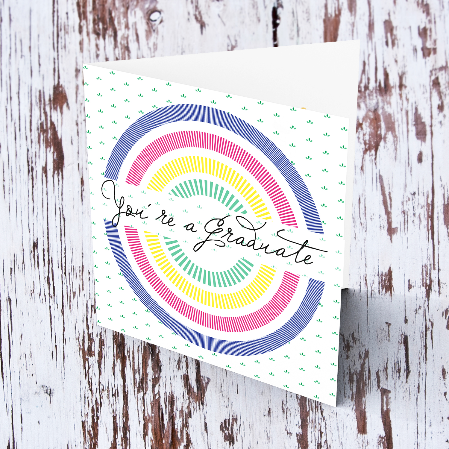 Colourful circle themed graduation card in English