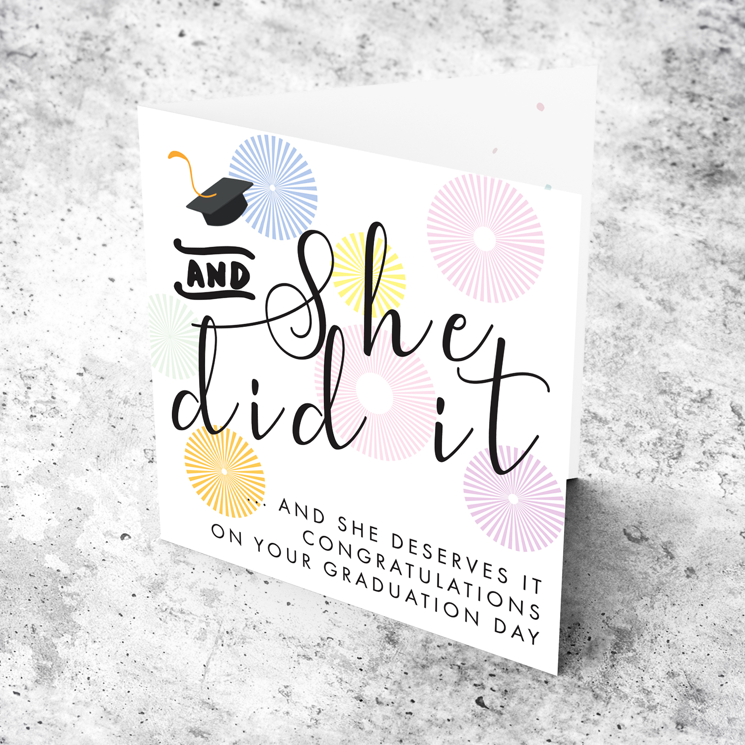 You did it and he deserve it - Graduation card with blue and green designs and graduation hat in English (Female)