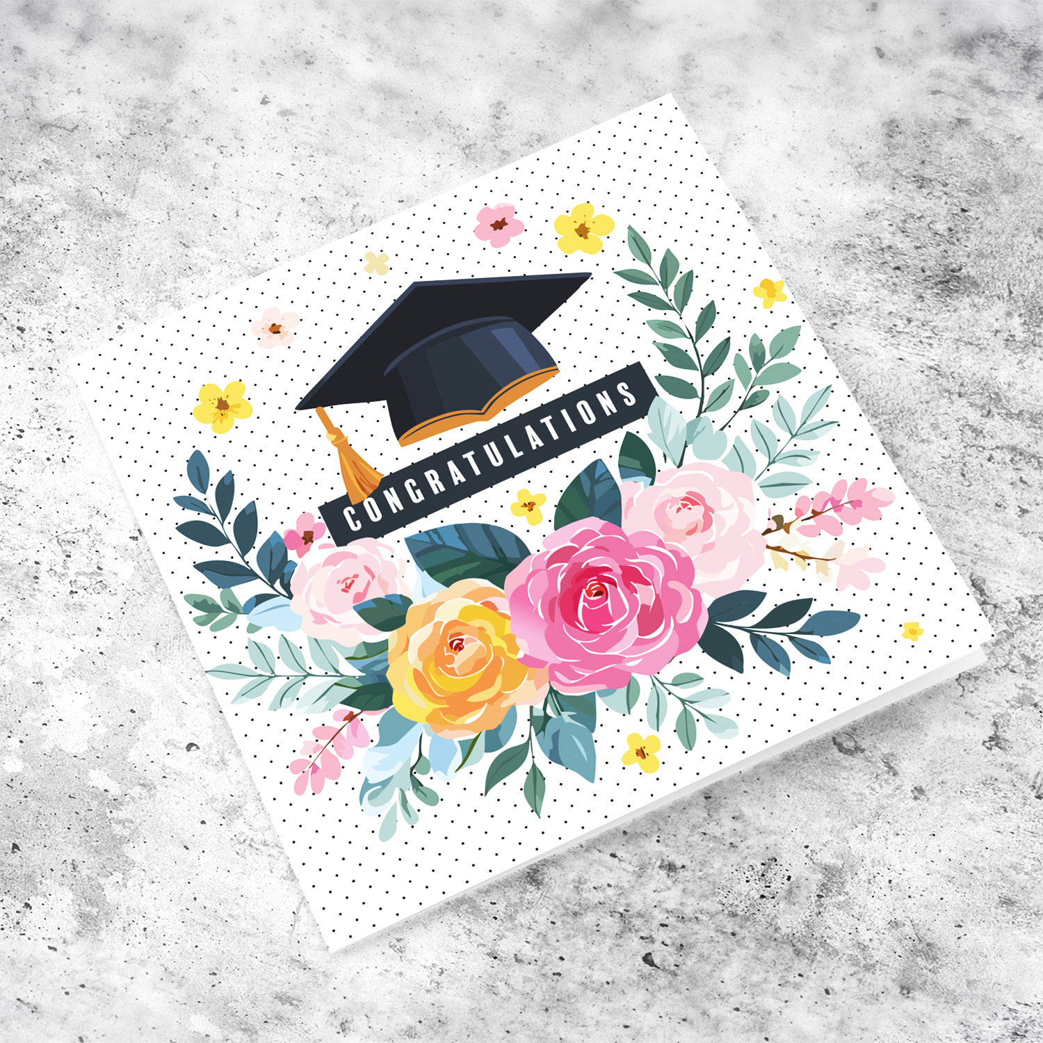 Colourful floral wreath graduation card with hat in English