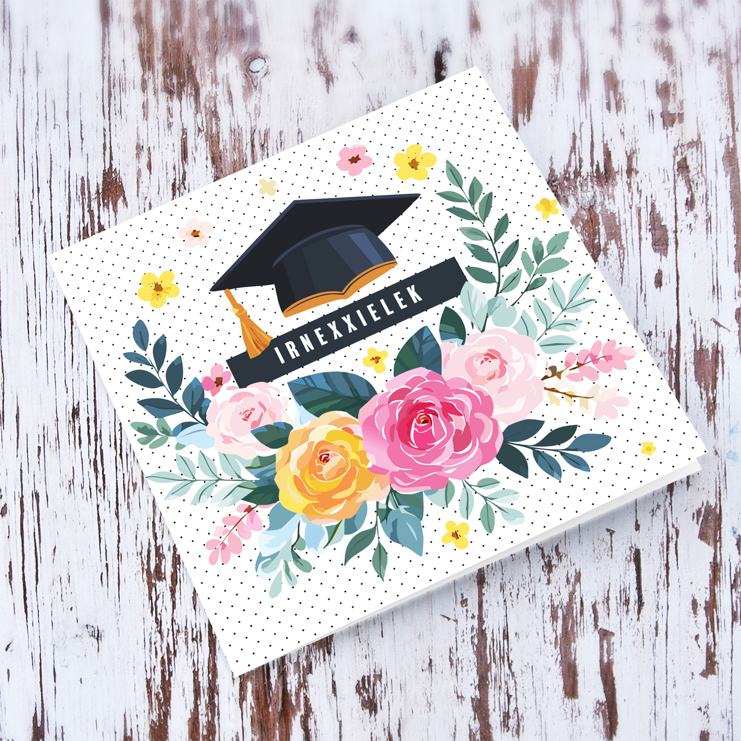 Colourful floral wreath graduation card with hat in Maltese
