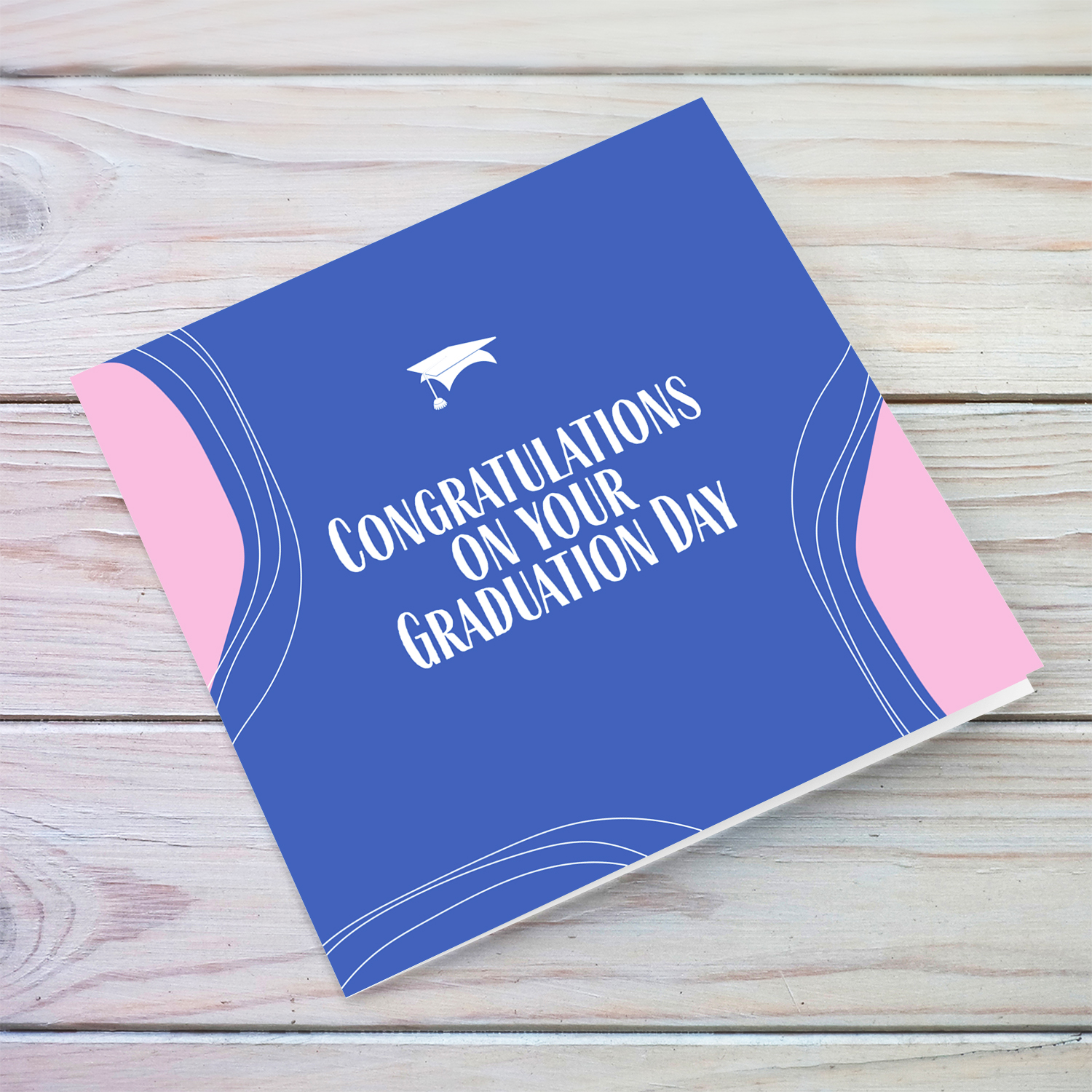 Modern background in blue with pink touches & graduation hat in English