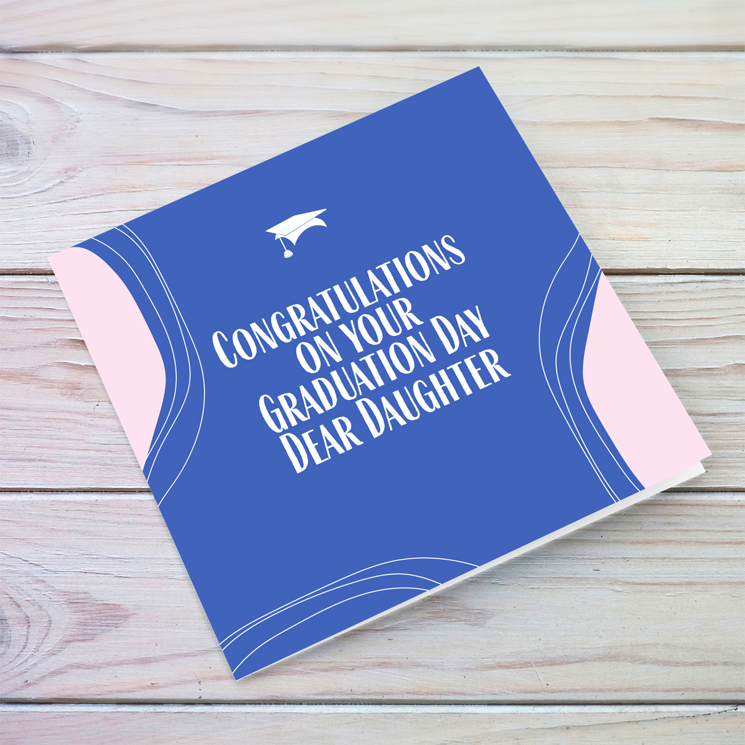 Modern background in blue with pink touches & graduation hat for Daughter in English