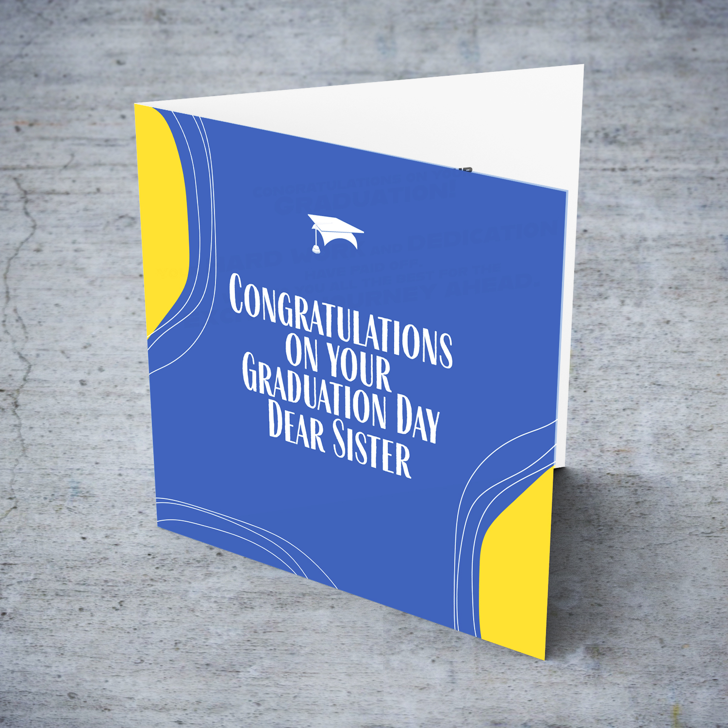 Modern background in blue with yellow touches & graduation hat for Sister in English
