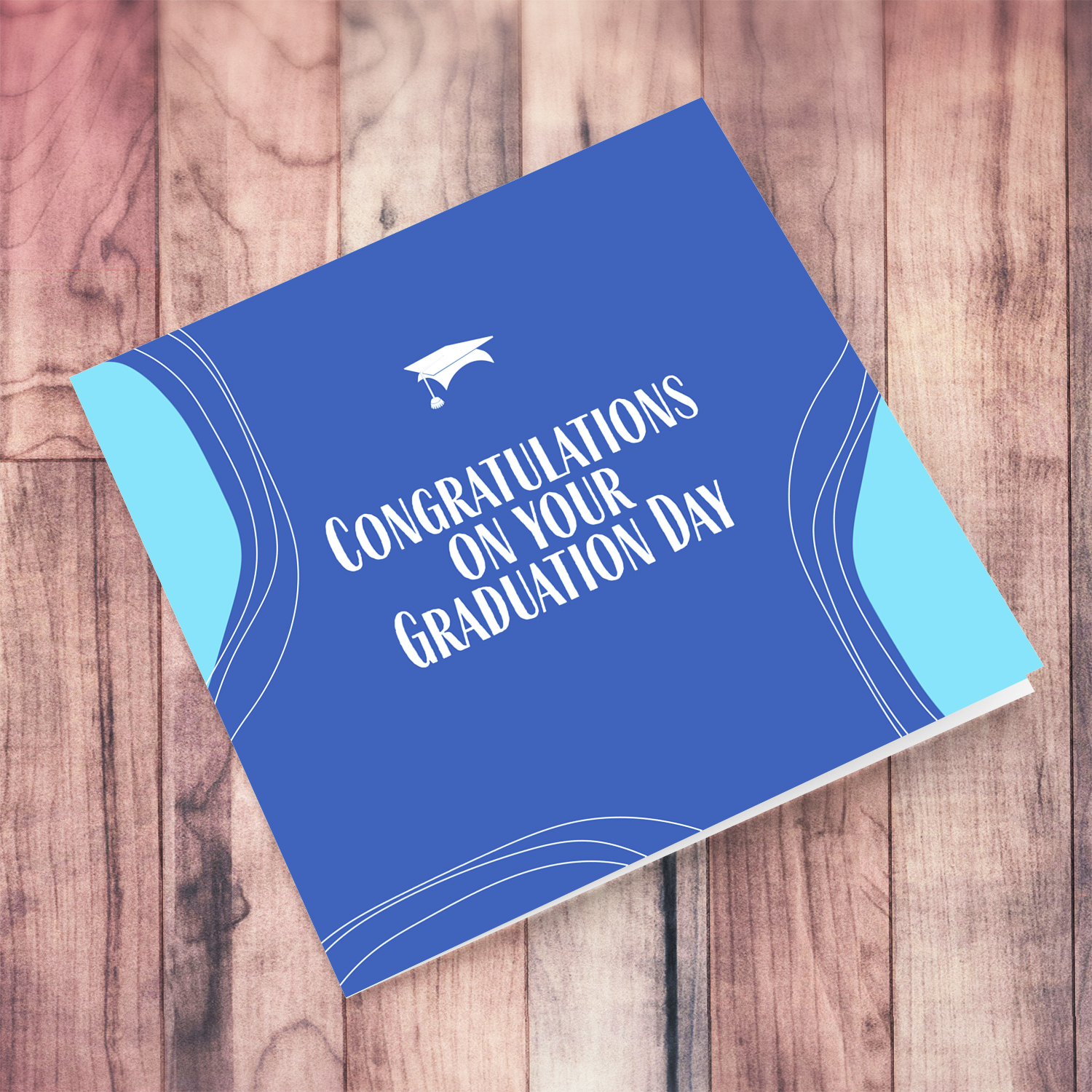 Modern background in blue background & shades of blue with white graduation hat in English