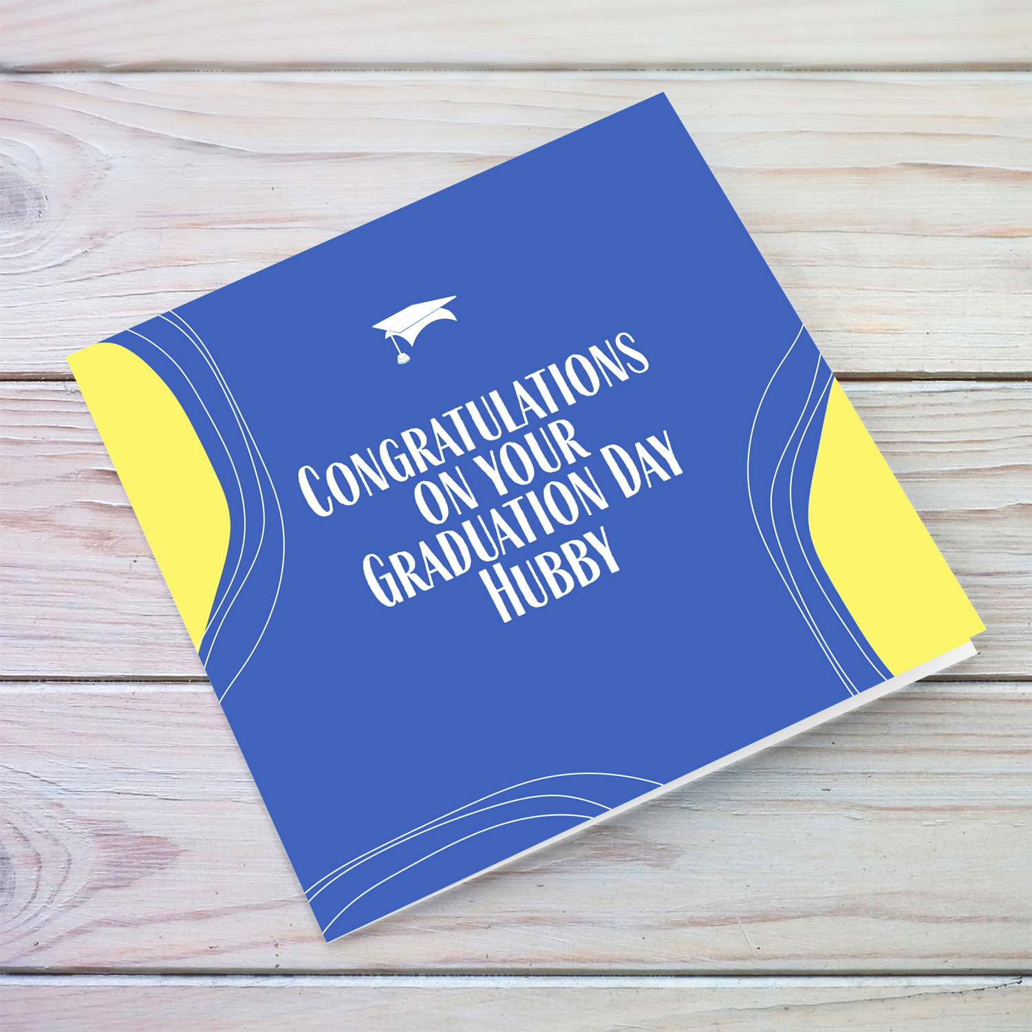 Modern background in blue with yellow touches & graduation hat for Husband in English