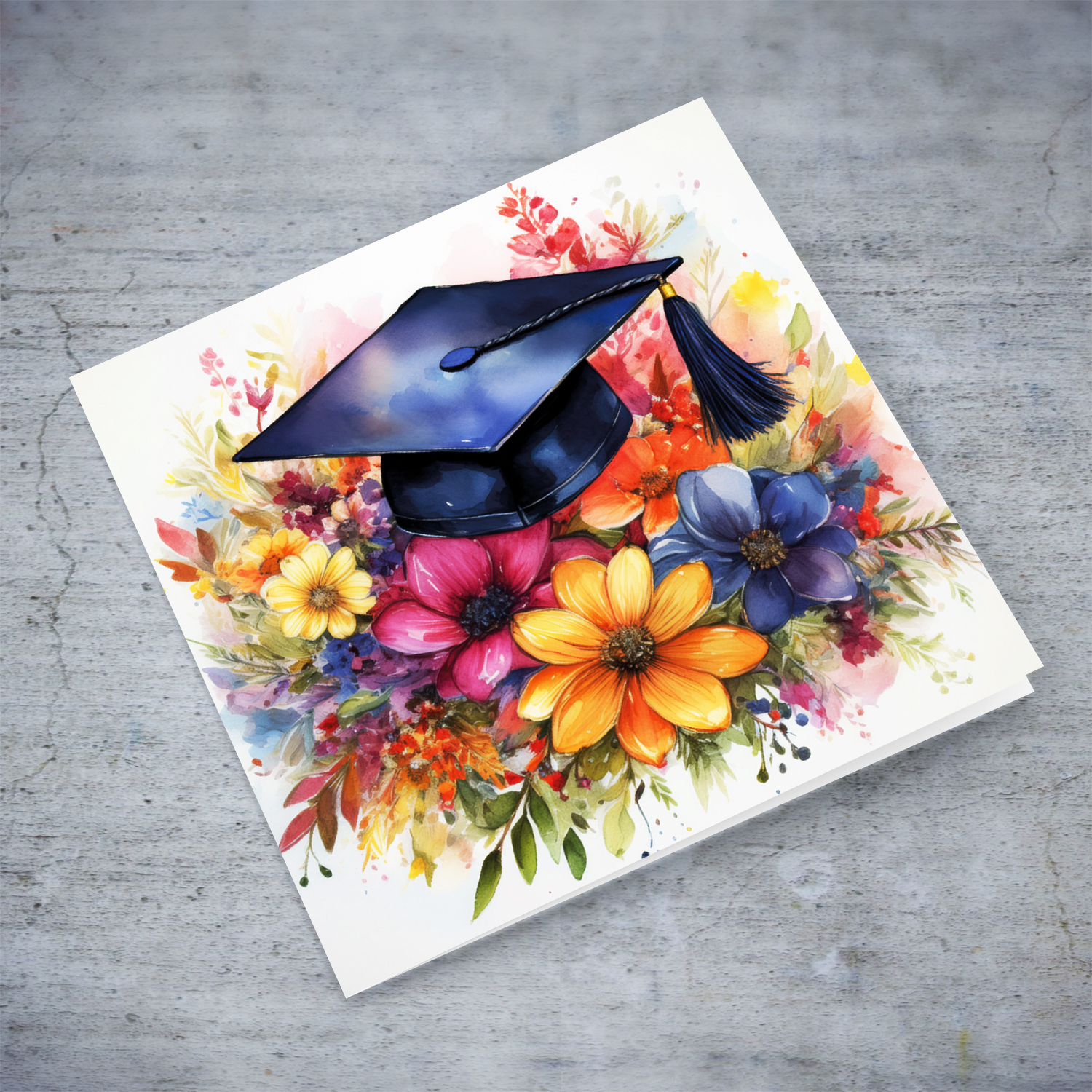 A beautiful watercolour graduation card with a graduation hat on a bouquet of colourful flowers in Maltese