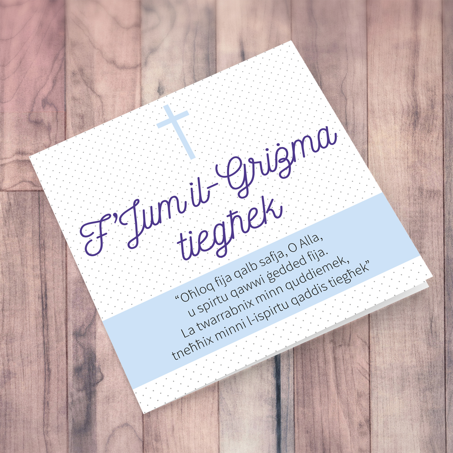 Confirmation card with cross and blue sash with a prayer for boys