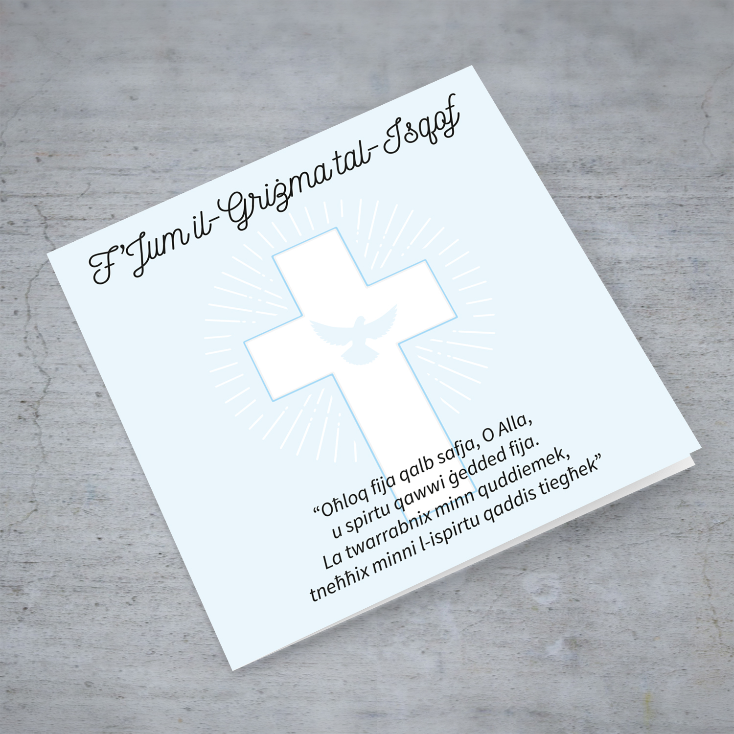 Confirmation card with light blue background cross and the holy spirit in Maltese