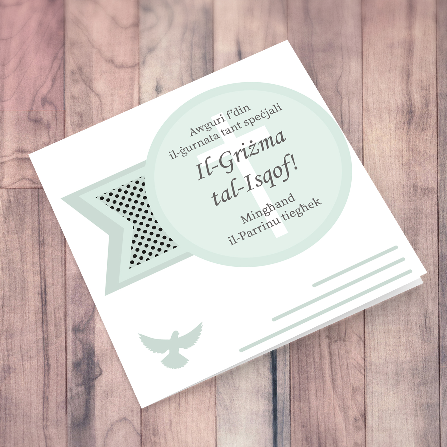 Confirmation card in pastel green tones, from the Sponsor/Godfather in Maltese