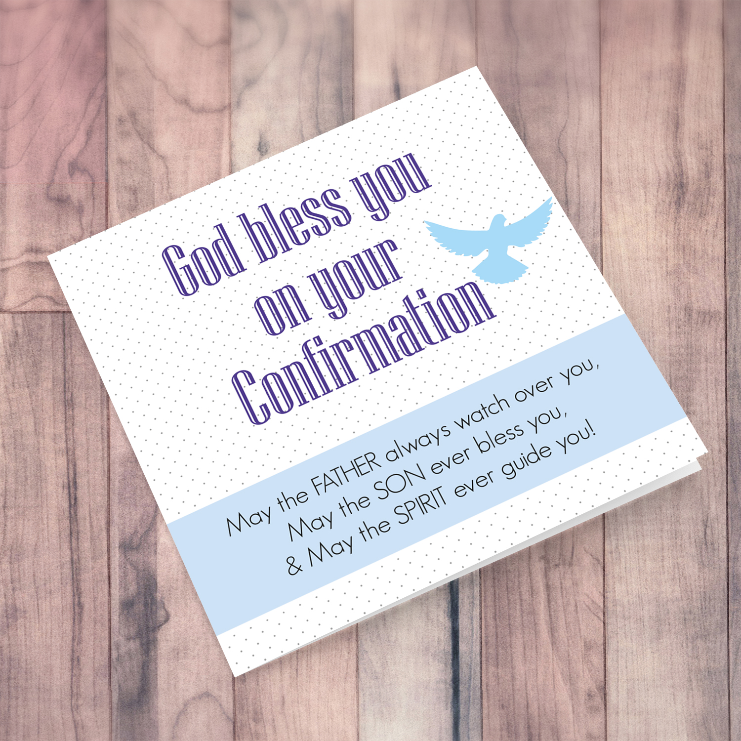 Spotted background Confirmation card in English with blue sash and holy spirit