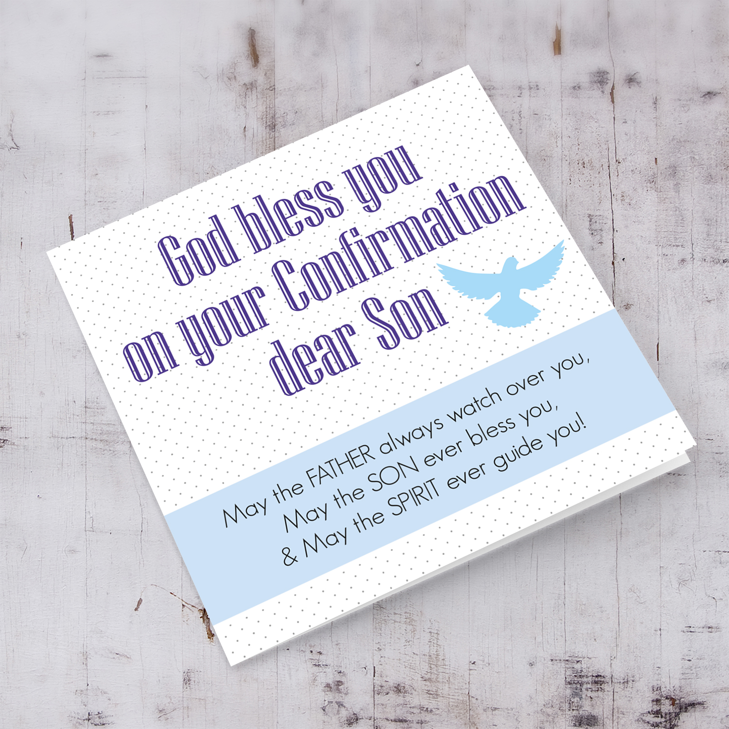 Spotted background Confirmation card in English with blue sash and holy spirit for son