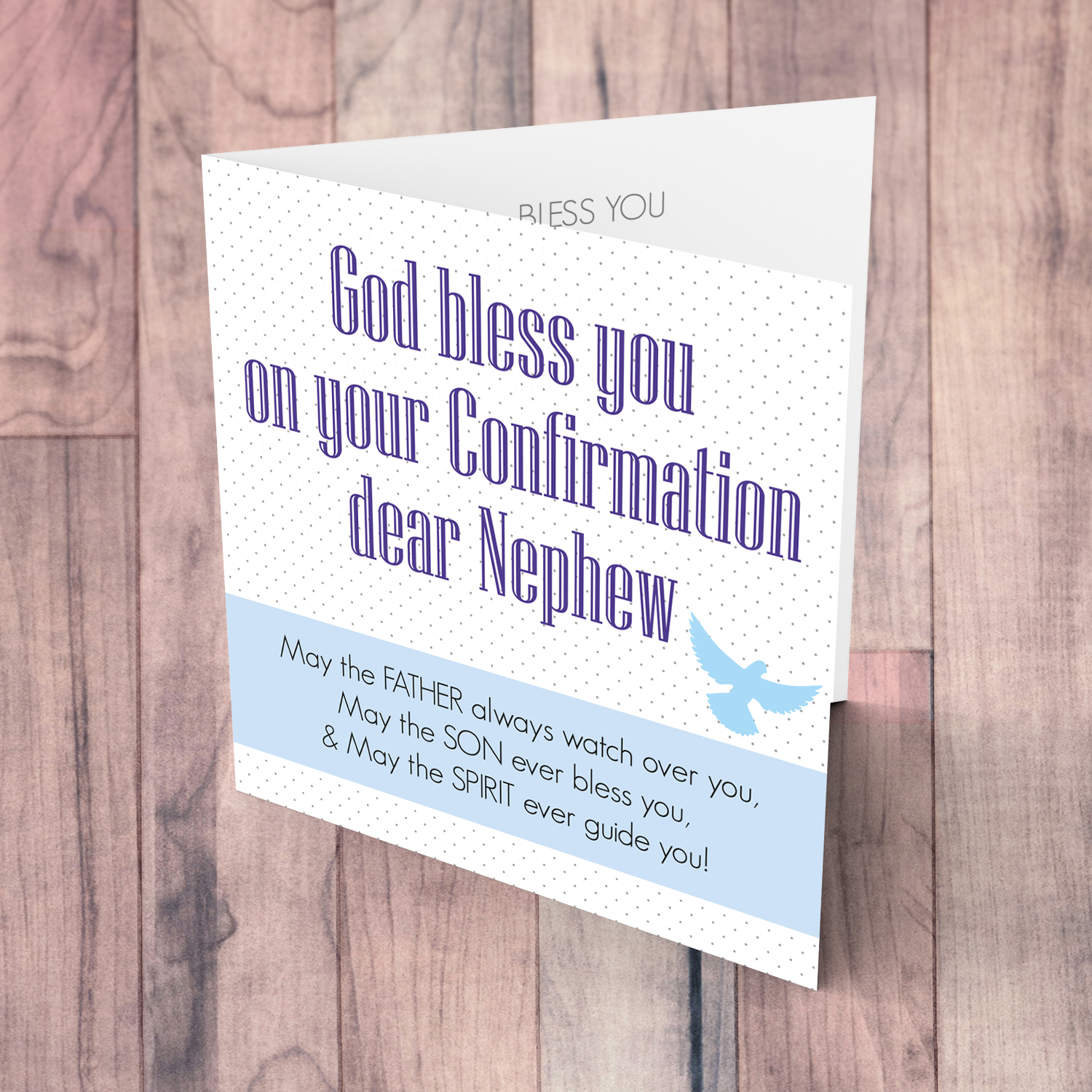 Spotted background Confirmation card in English with blue sash and holy spirit for nephew