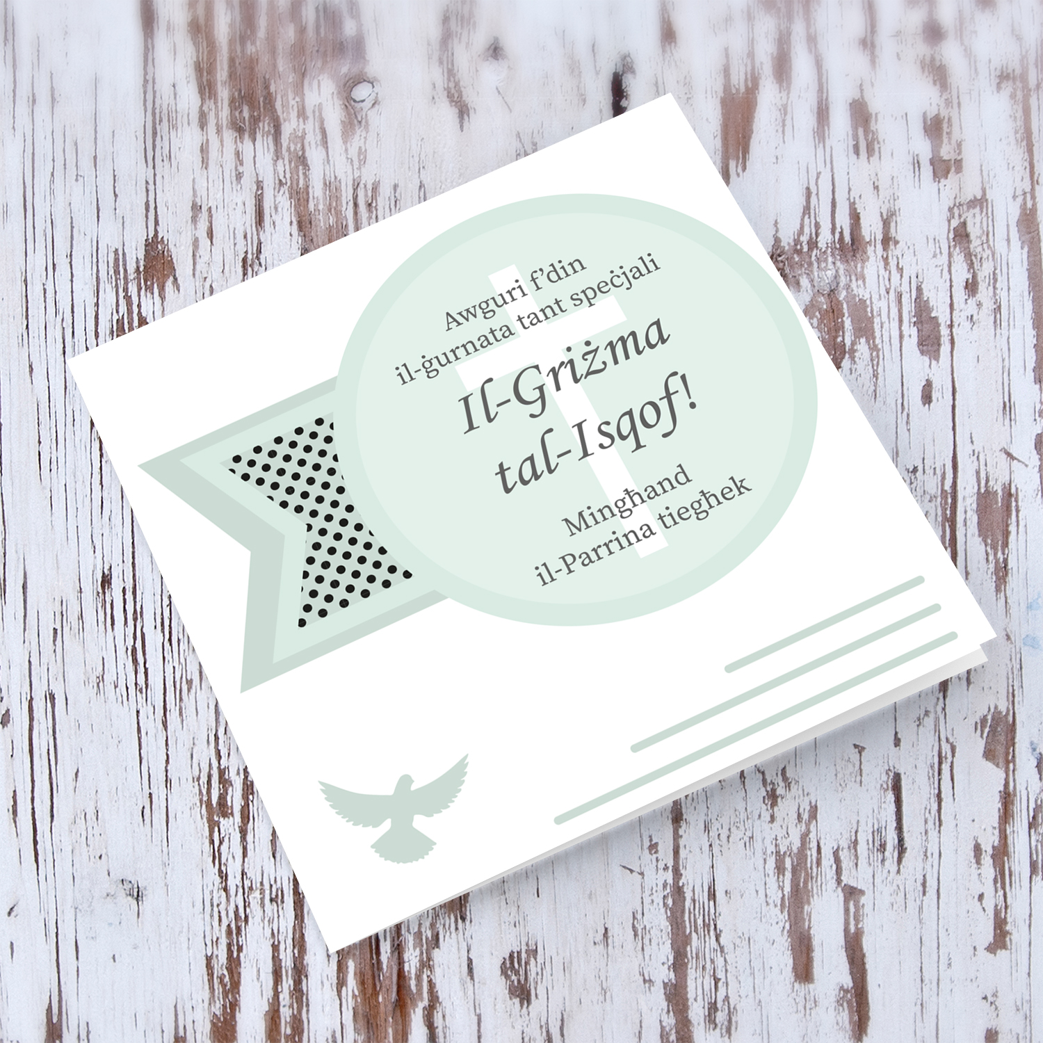 Confirmation card in pastel green tones, from the Sponsor (Female) in Maltese