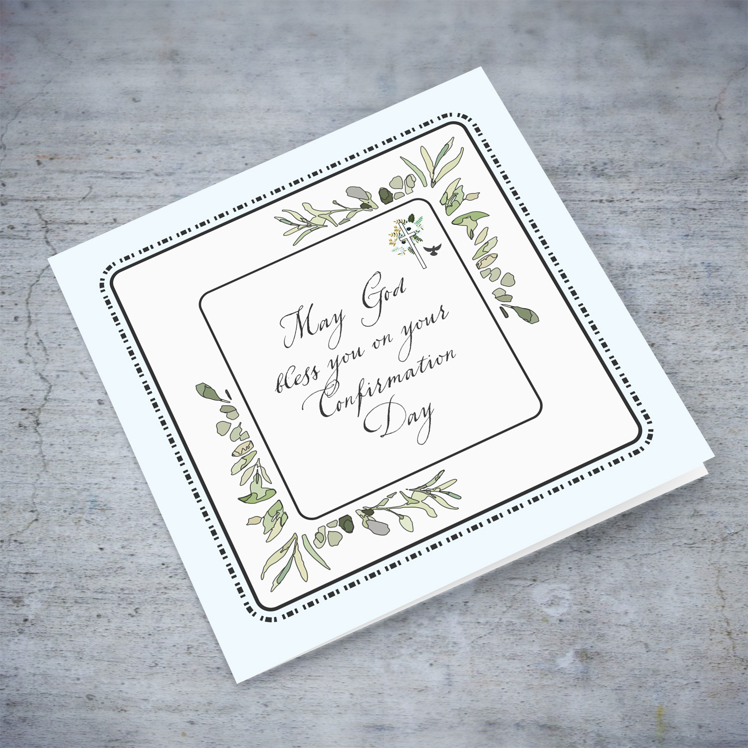 Light blue background, dotted frame and leaves themed Confirmation card in English