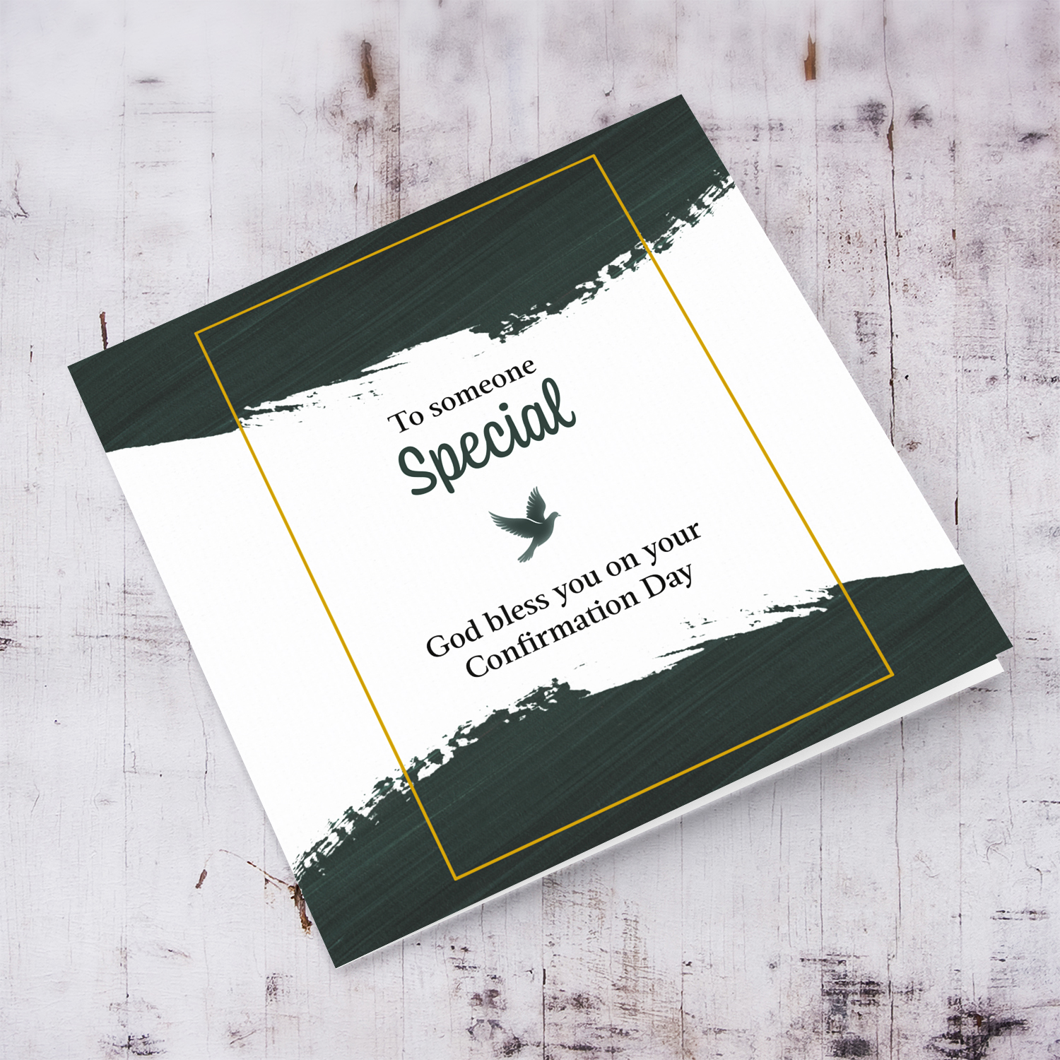 Modern Confirmation card with green touches and gold border for someone special in English