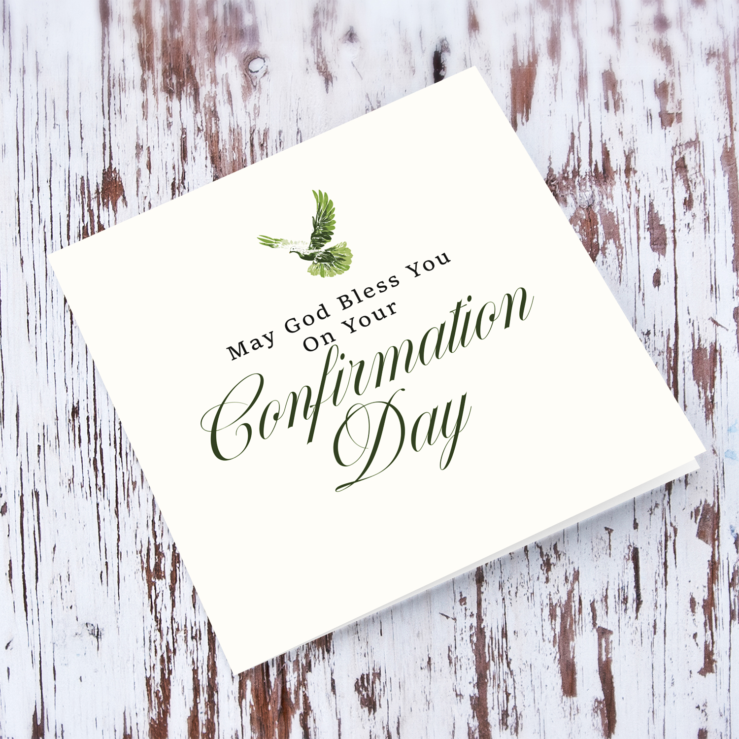A neutral open Confirmation card, in cream background and touches of green in English (Unisex)