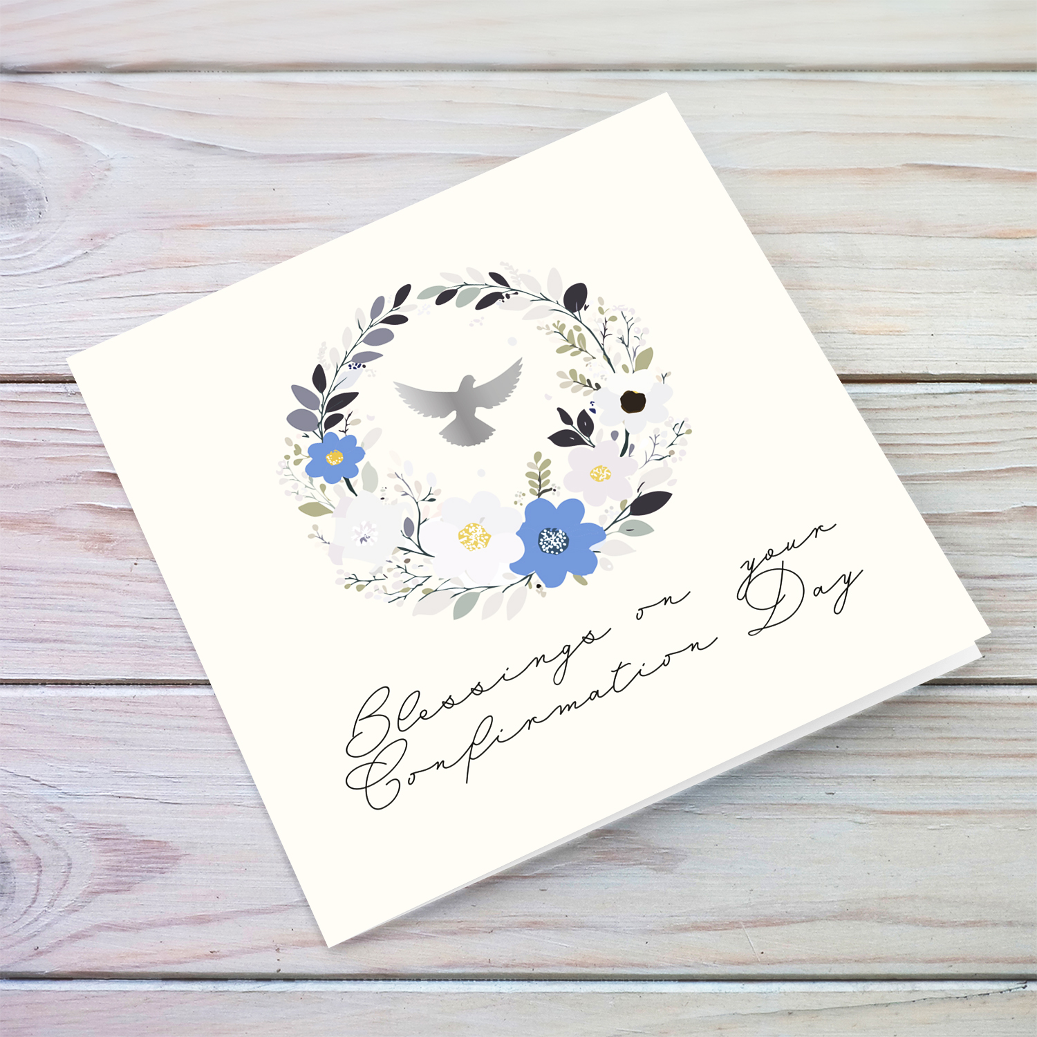 Neutral Confirmation card with a floral wreath and gentle blue touches, in a light cream background and elegant font in English