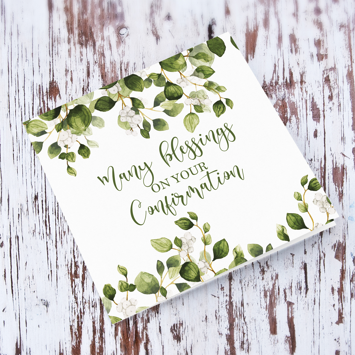 A neutral open Confirmation card, featuring beautiful foliage in English (Unisex & Personalisable)