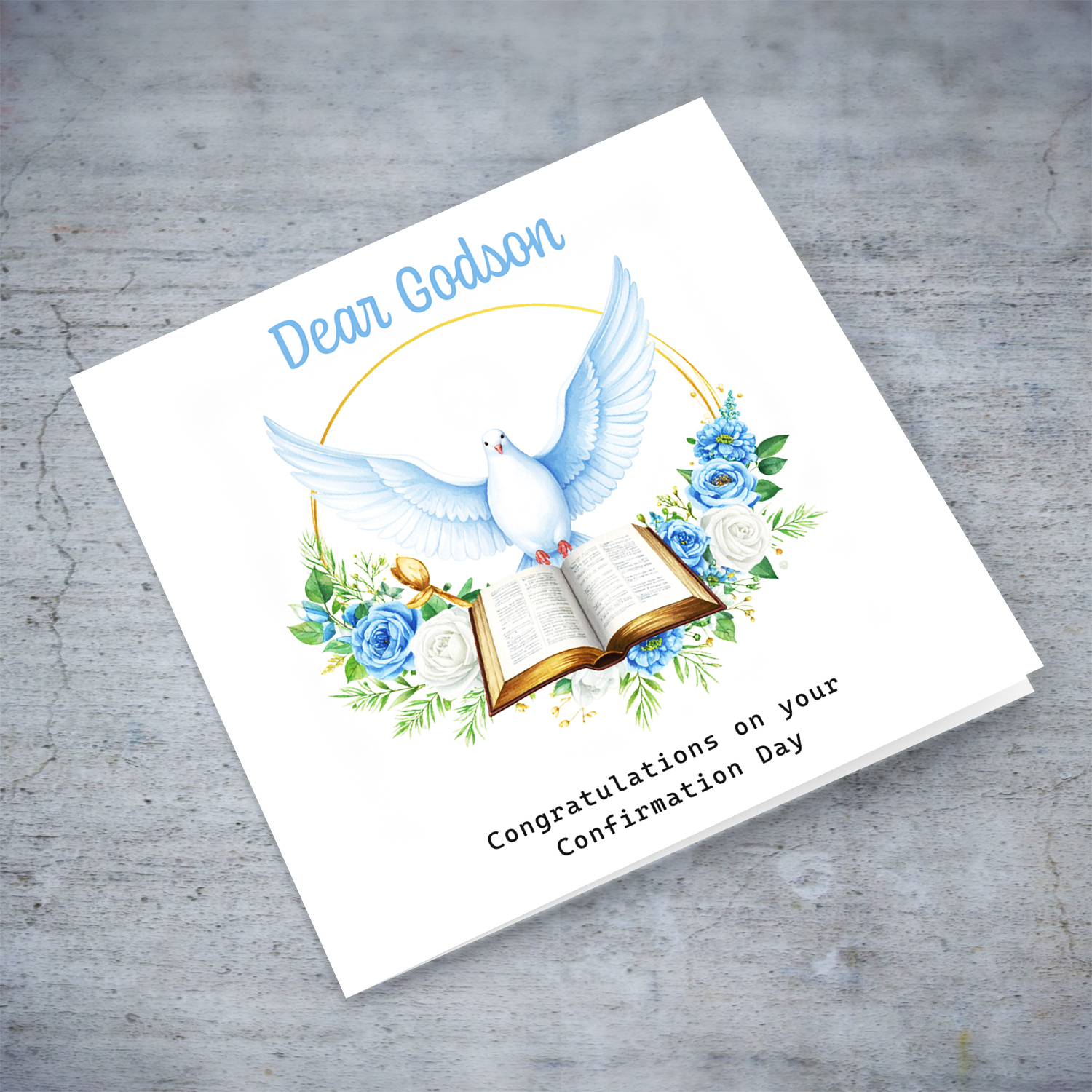 An elegant Confirmation card for Godson featuring the Holy Spirit dove, an open Bible and beautiful blue and white flowers in English