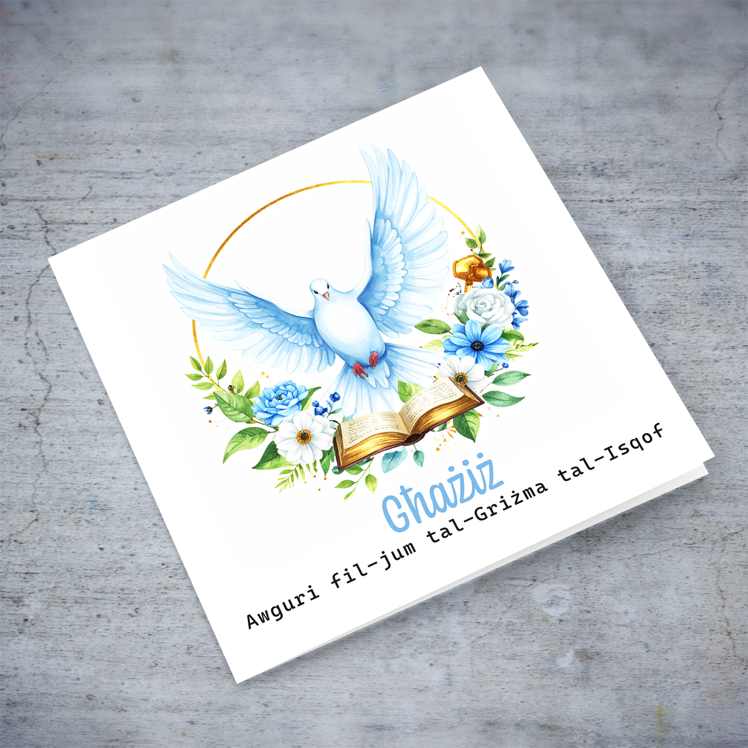 An open Confirmation card for Boys featuring the Holy Spirit dove, an open Bible and beautiful pink and white flowers in Maltese