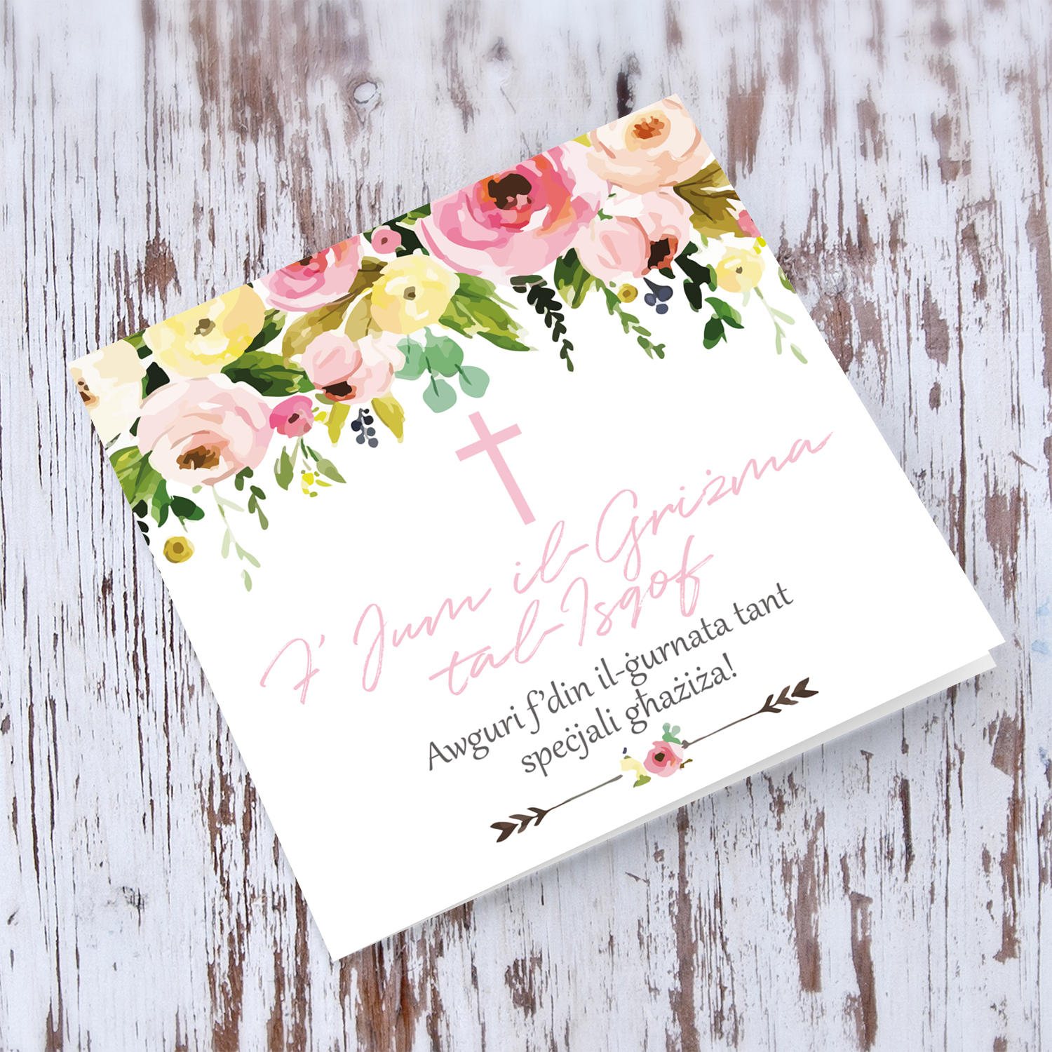 Hanging flowers with pink cross Confirmation card for girls in Maltese
