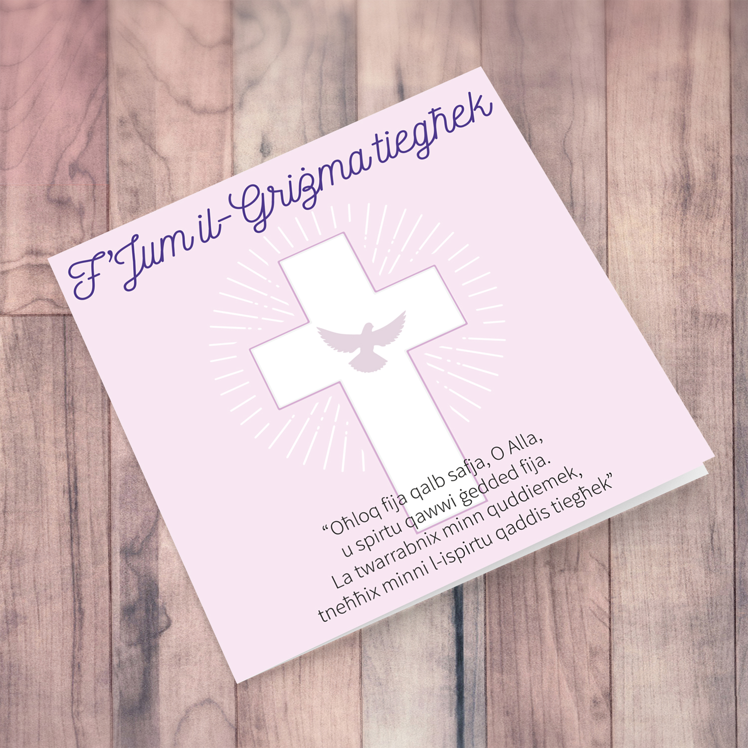 Confirmation card with light pink background cross and the holy spirit in Maltese
