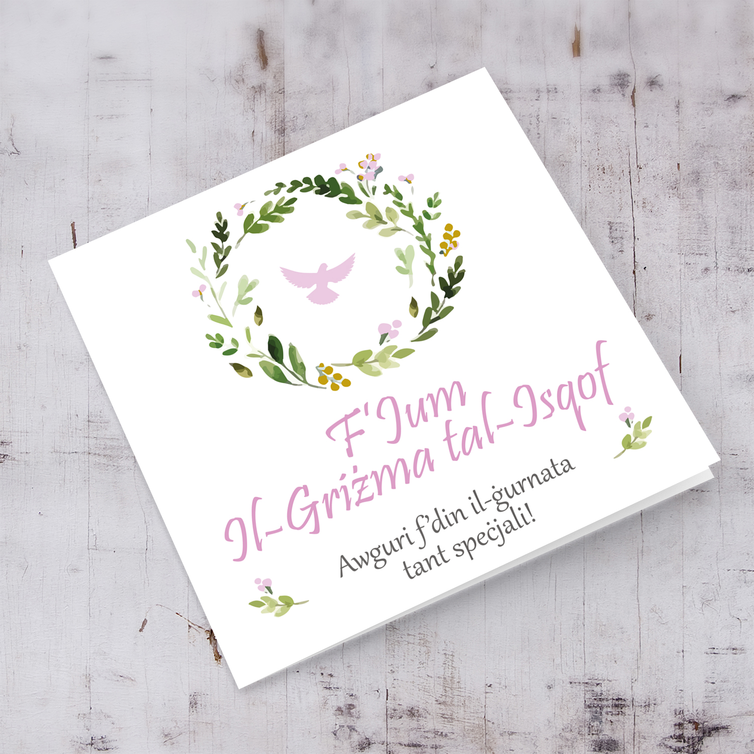 Floral wreath with Holy Spirit Confirmation Card in Maltese for Girl