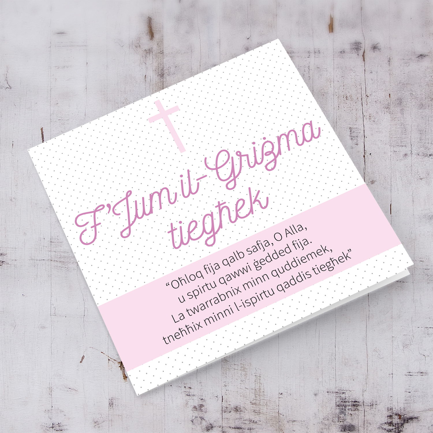 Confirmation card with cross and pink sash with a prayer for girls in Maltese