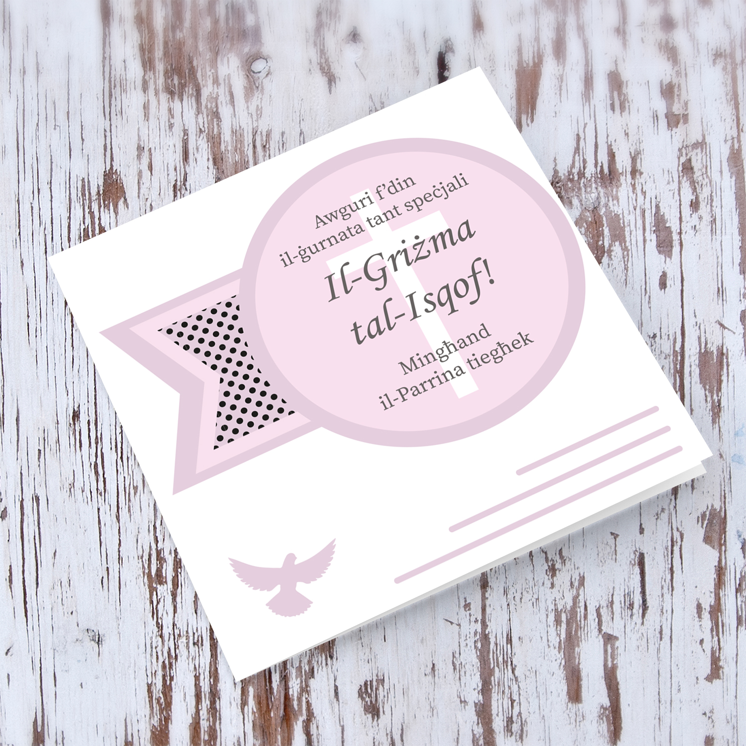 Confirmation card in pin tones, from the Sponsor in Maltese