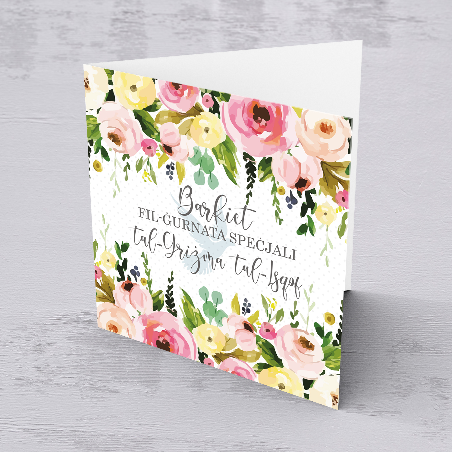 Floral themed confirmation card with Holy Spirit in Maltese for girls