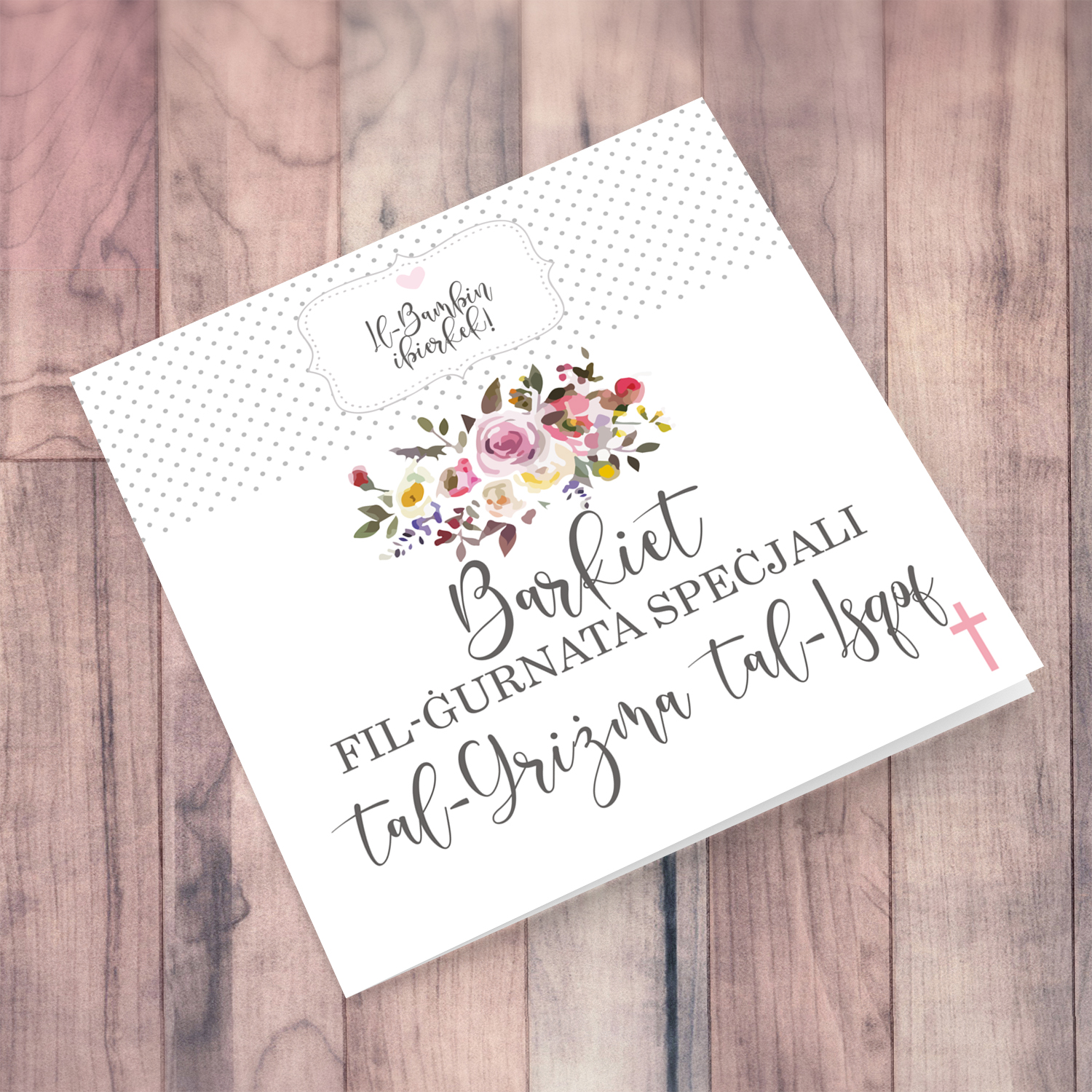 Minimalist Confirmation card with flowers in Maltese for girls