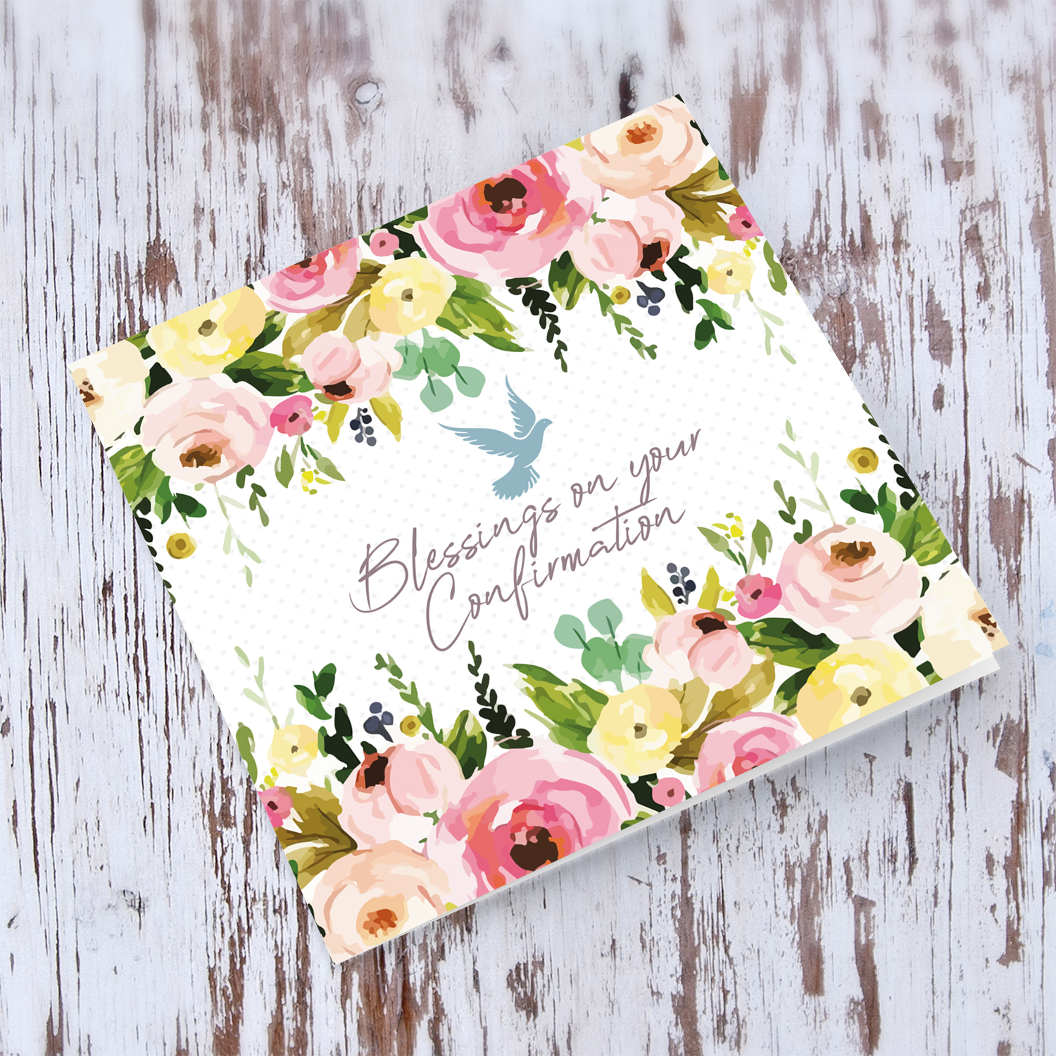 Floral themed confirmation card with Holy Ghost in English for girls