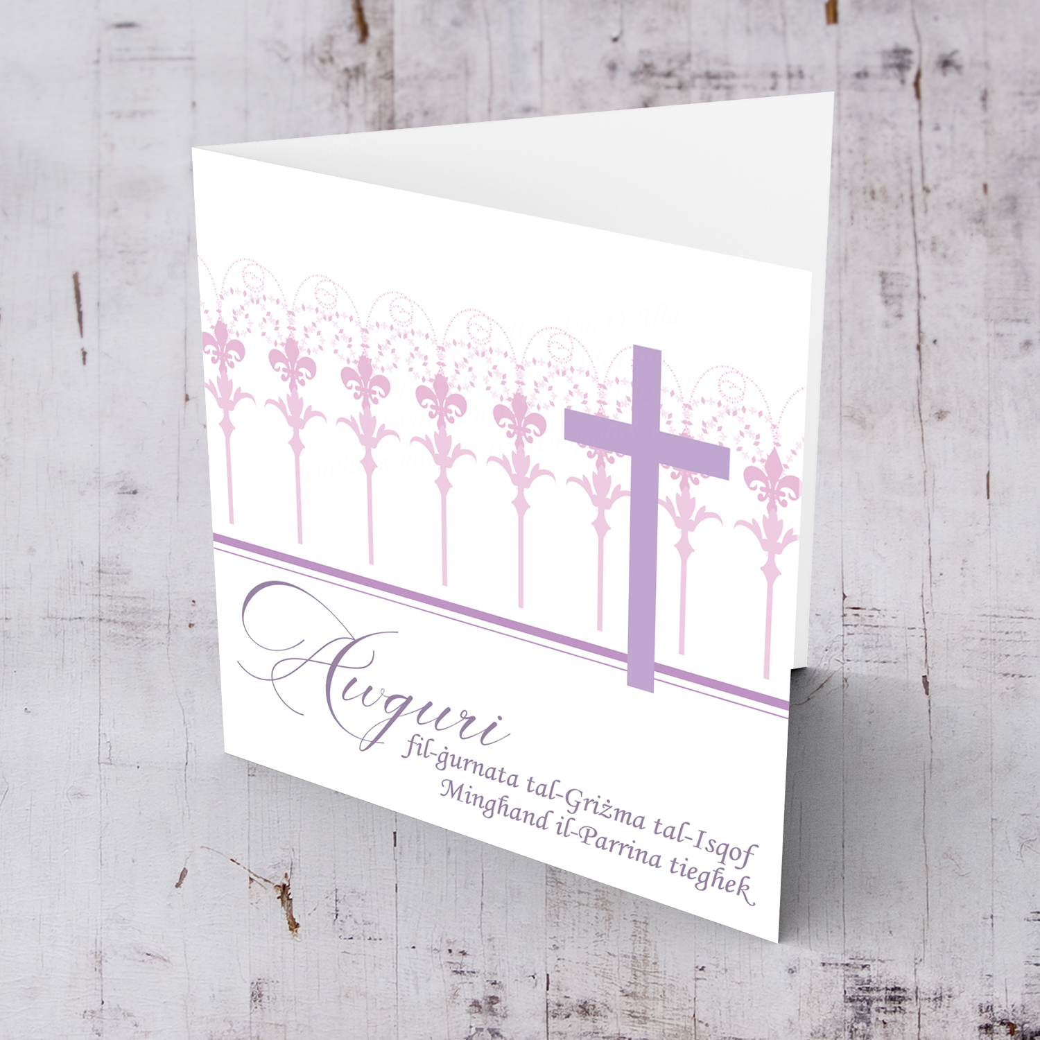 Purple cross with light pink background Confirmation card for girls from Sponsor in Maltese
