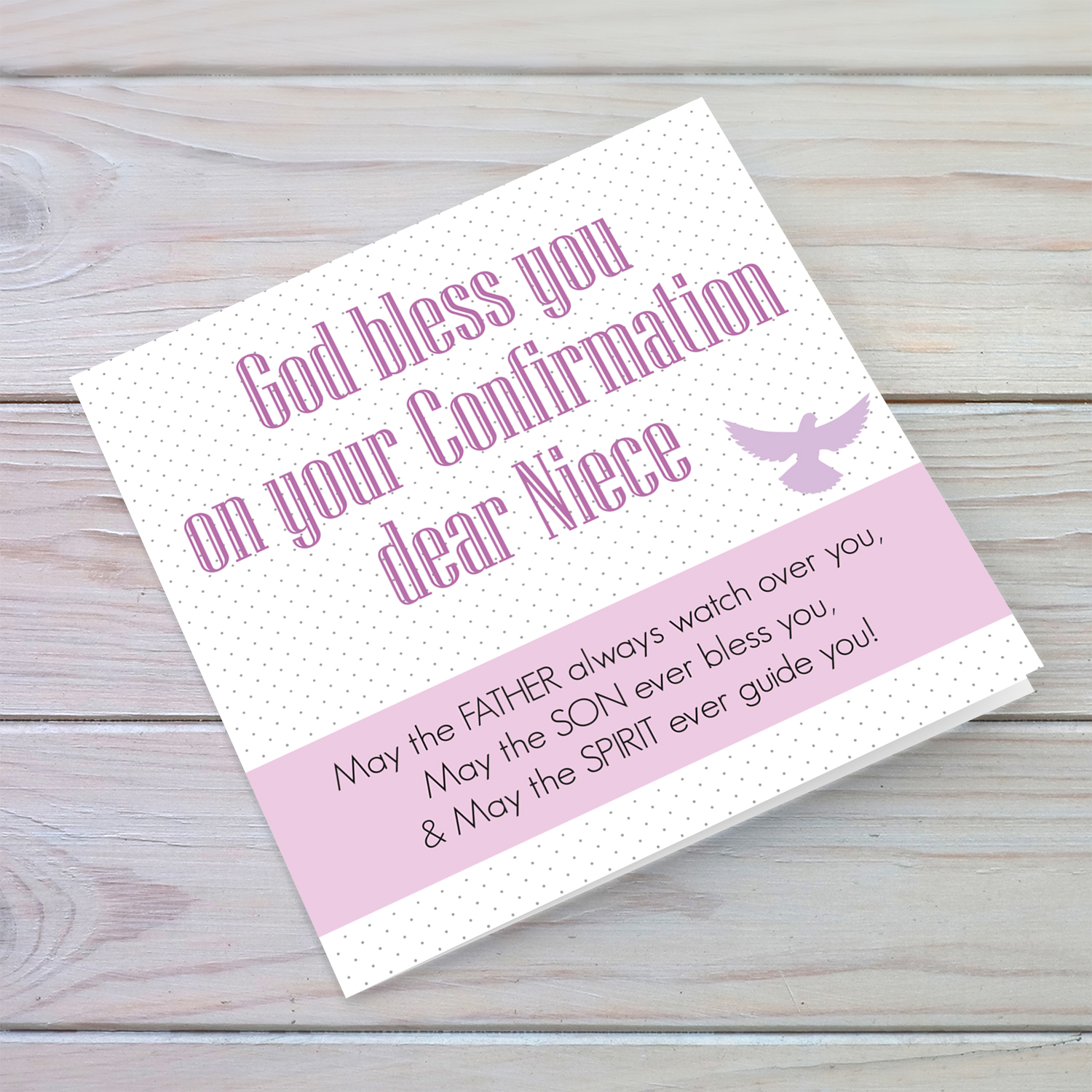 Spotted background Confirmation card in English with pink  sash and holy spirit for niece