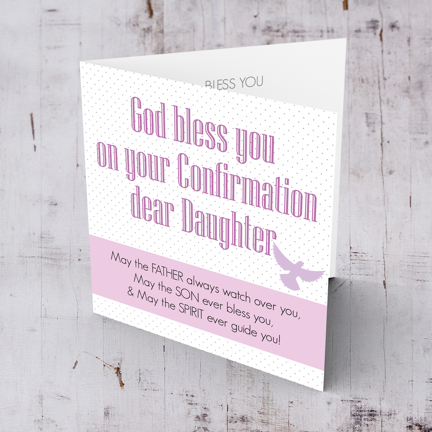 Spotted background Confirmation card in English with pink sash and holy spirit for daughter