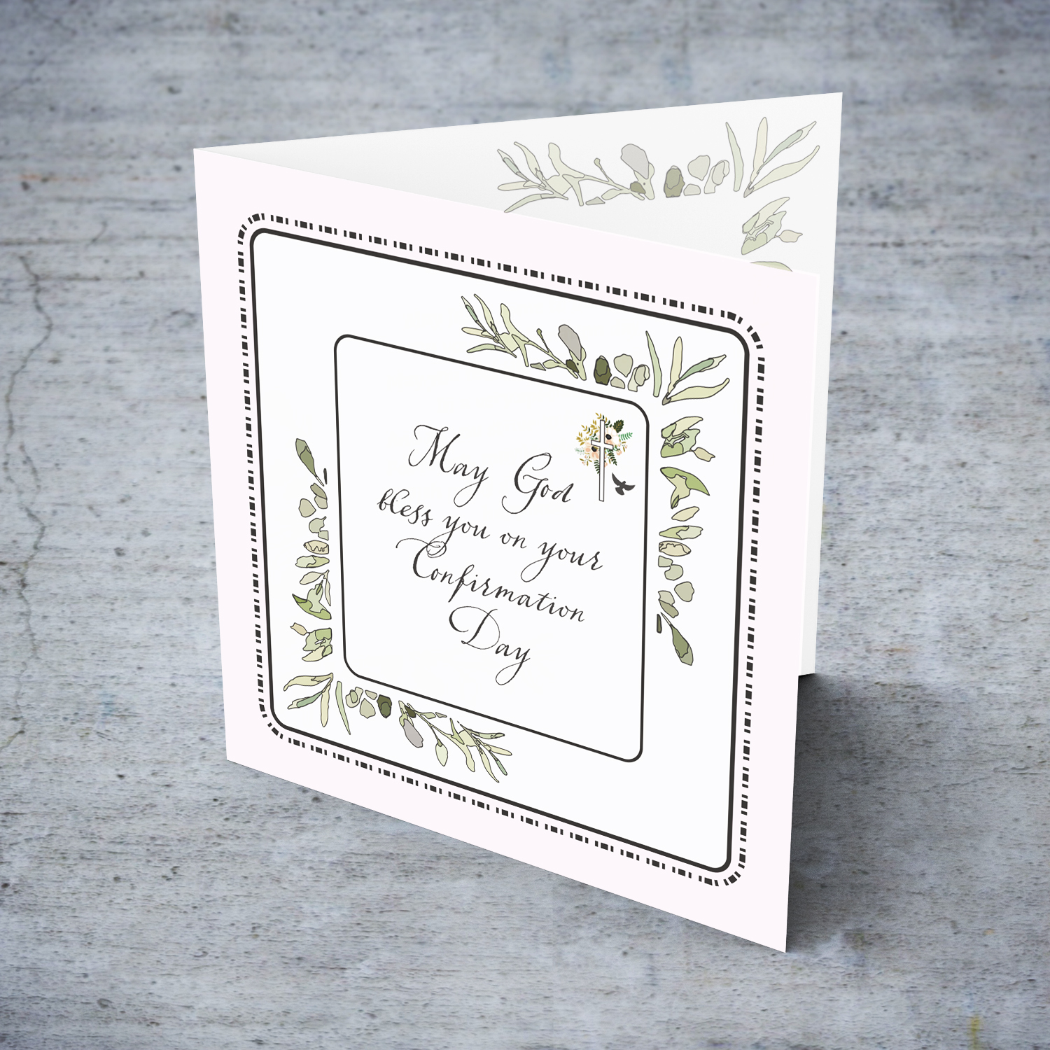 Light pink background, dotted frame and leaves themed Confirmation card in English