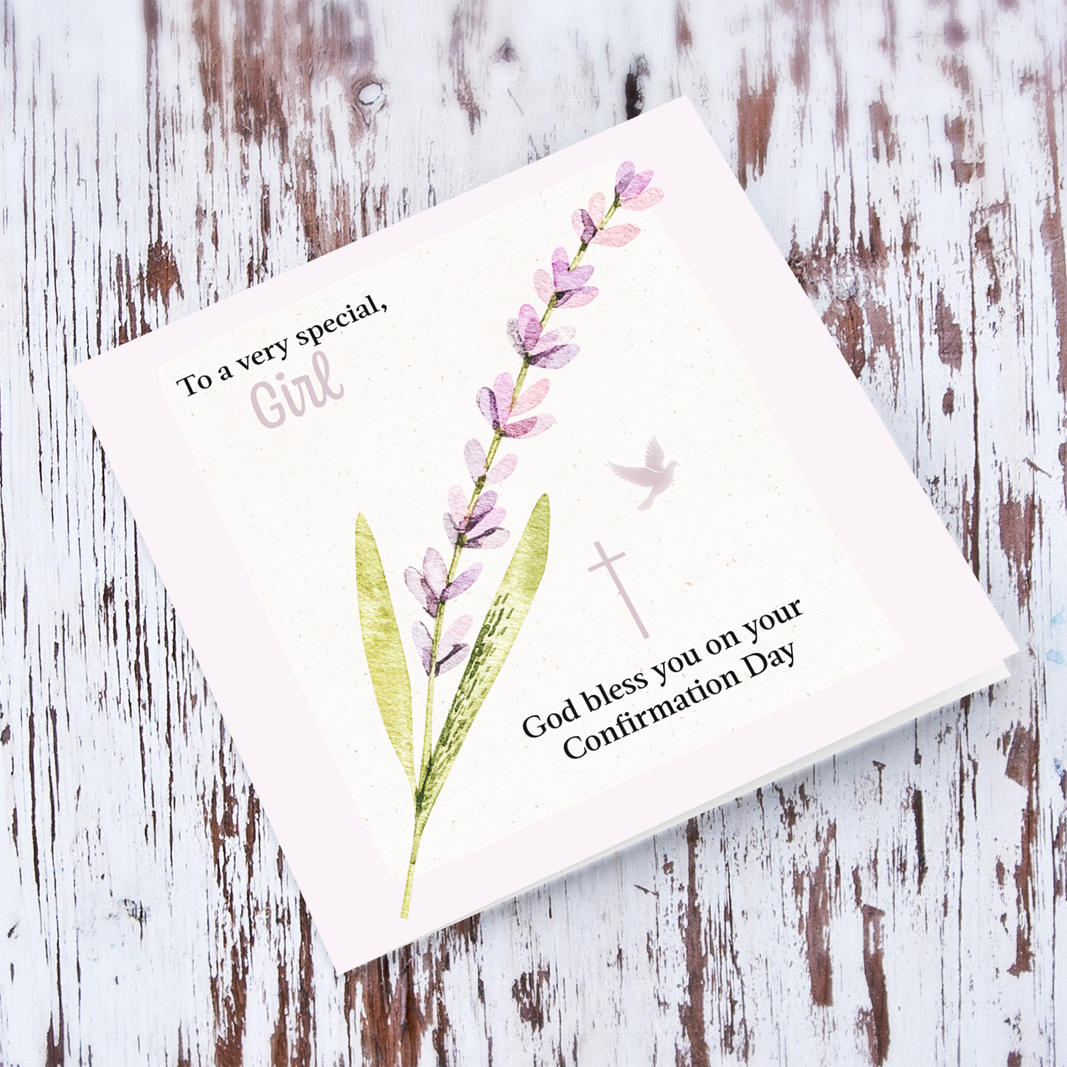 Petite Confirmation Greeting Card for a very special girl in pink / purple tones in English