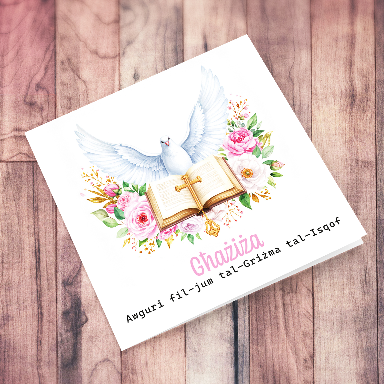 An open Confirmation card for Girls featuring the Holy Spirit dove, an open Bible and beautiful pink and white flowers in Maltese