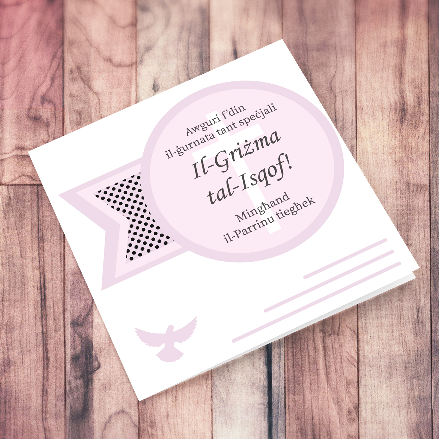A cute Confirmation card for Goddaughter in pink tones, featuring the holy spirit in Maltese