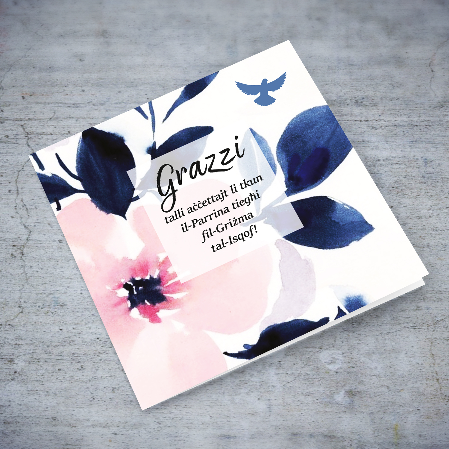 Pink florals with blue petals watercolour background - Thank you for accepting to be my Godmother in Maltese