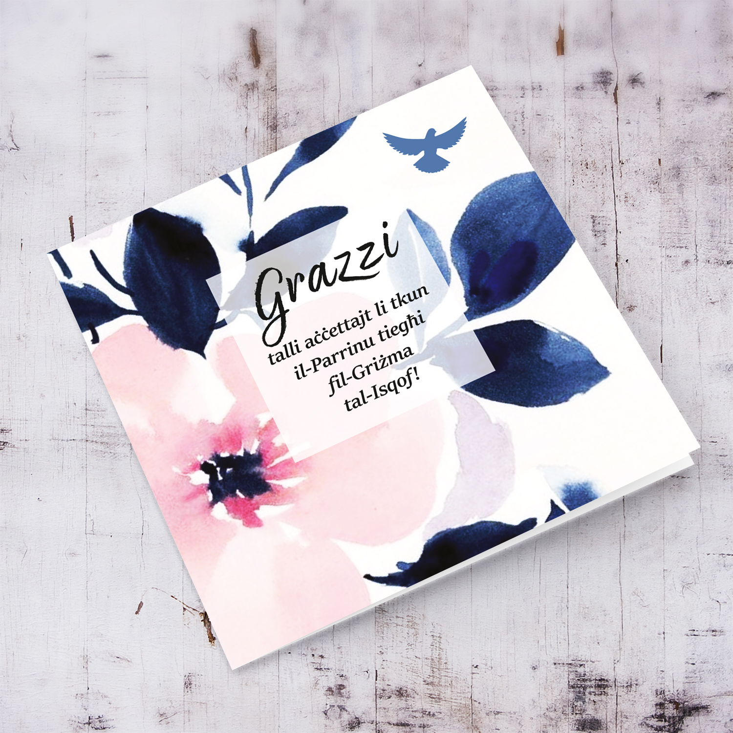 Pink florals with blue petals watercolour background - Thank you for accepting to be my Godfather in Maltese