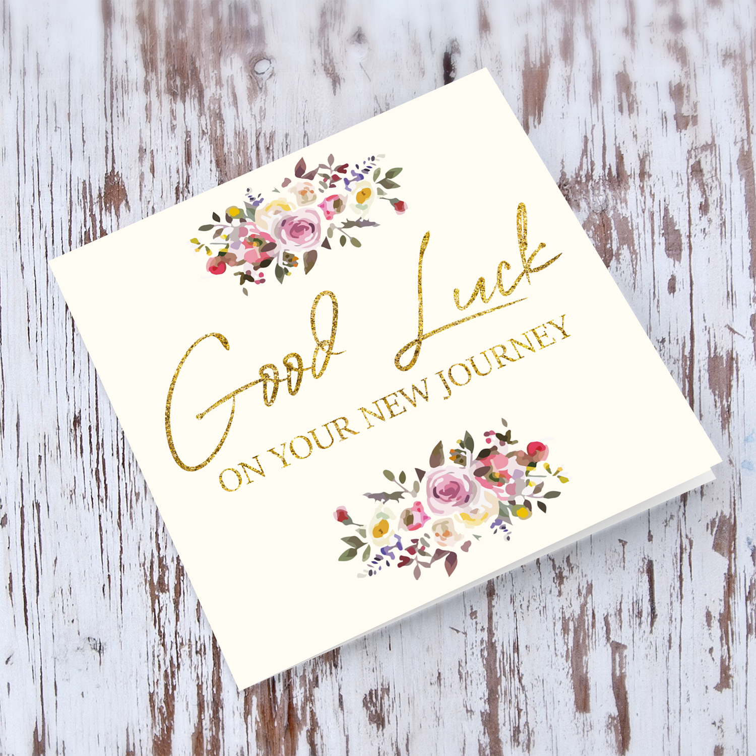 Good luck floral card with glittery text in English