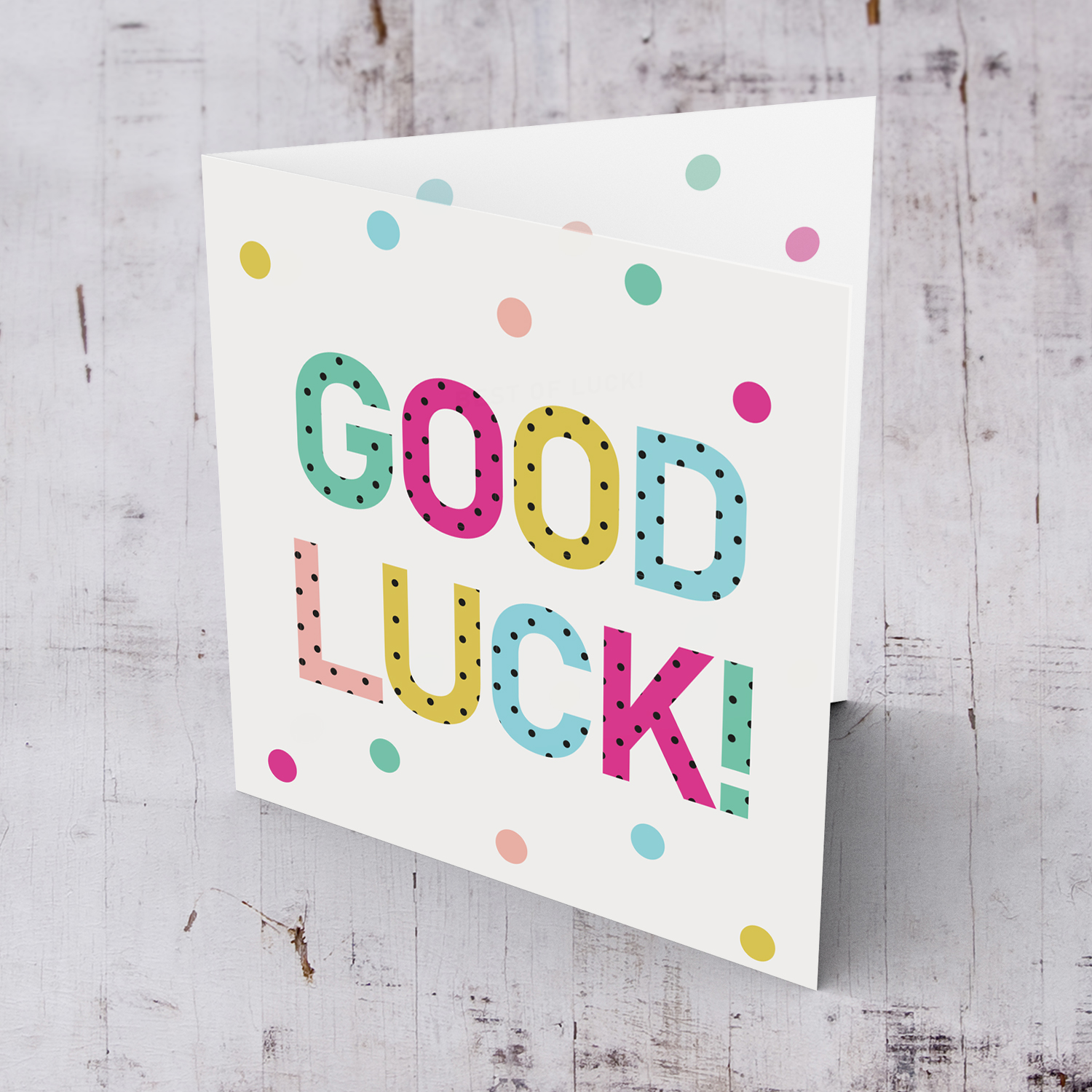 Colourful text with polka dots - Good luck card in English
