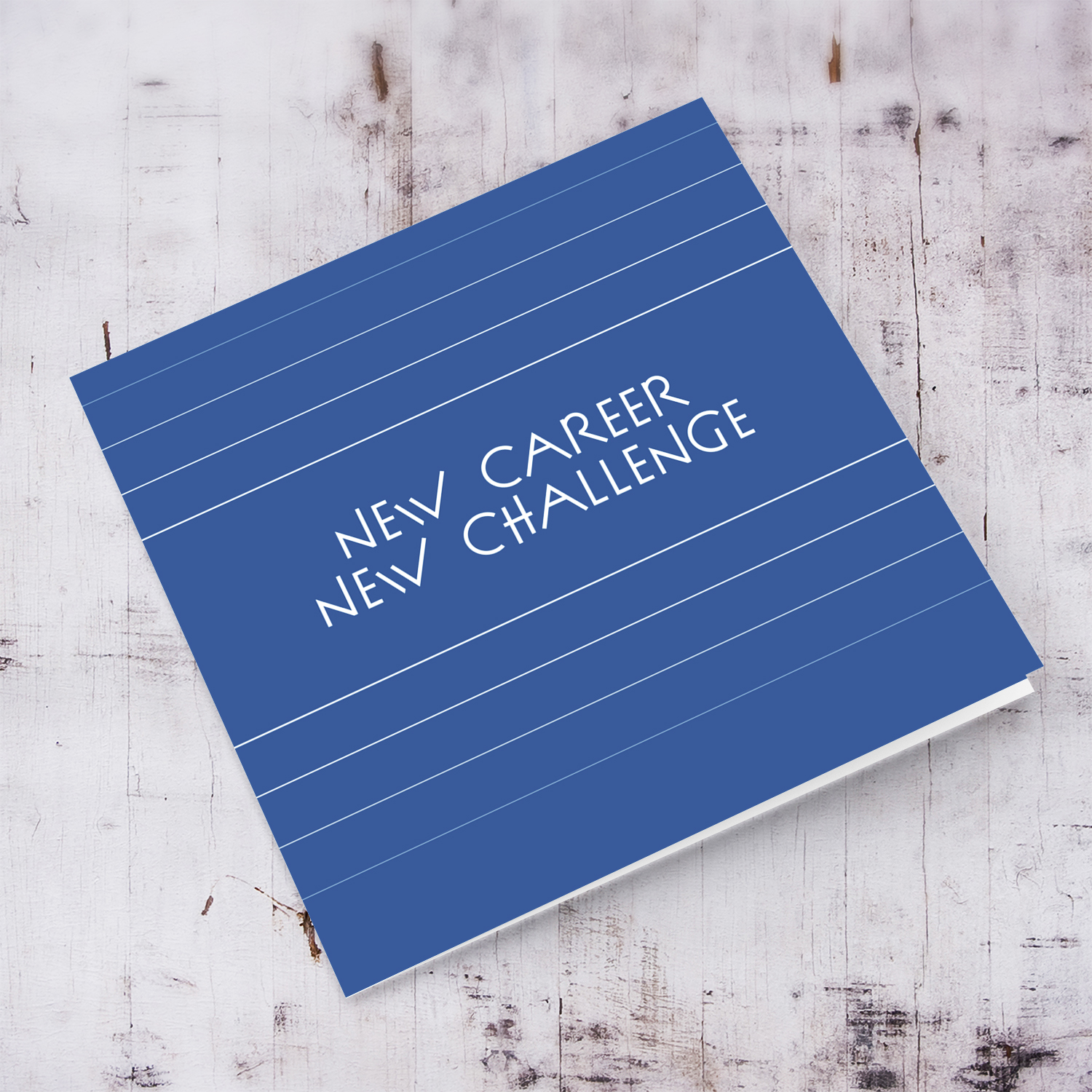 New career, new challenge - best of luck card for new job in blue background with white lines in English